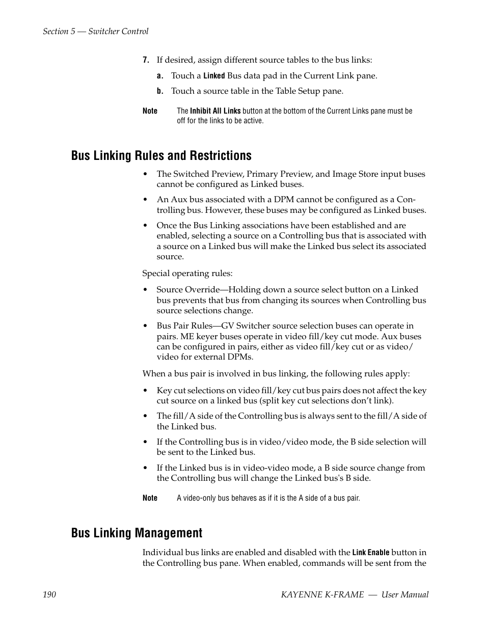 Bus linking rules and restrictions, Bus linking management | Grass Valley Kayenne K-Frame v.7.0 User Manual | Page 190 / 460