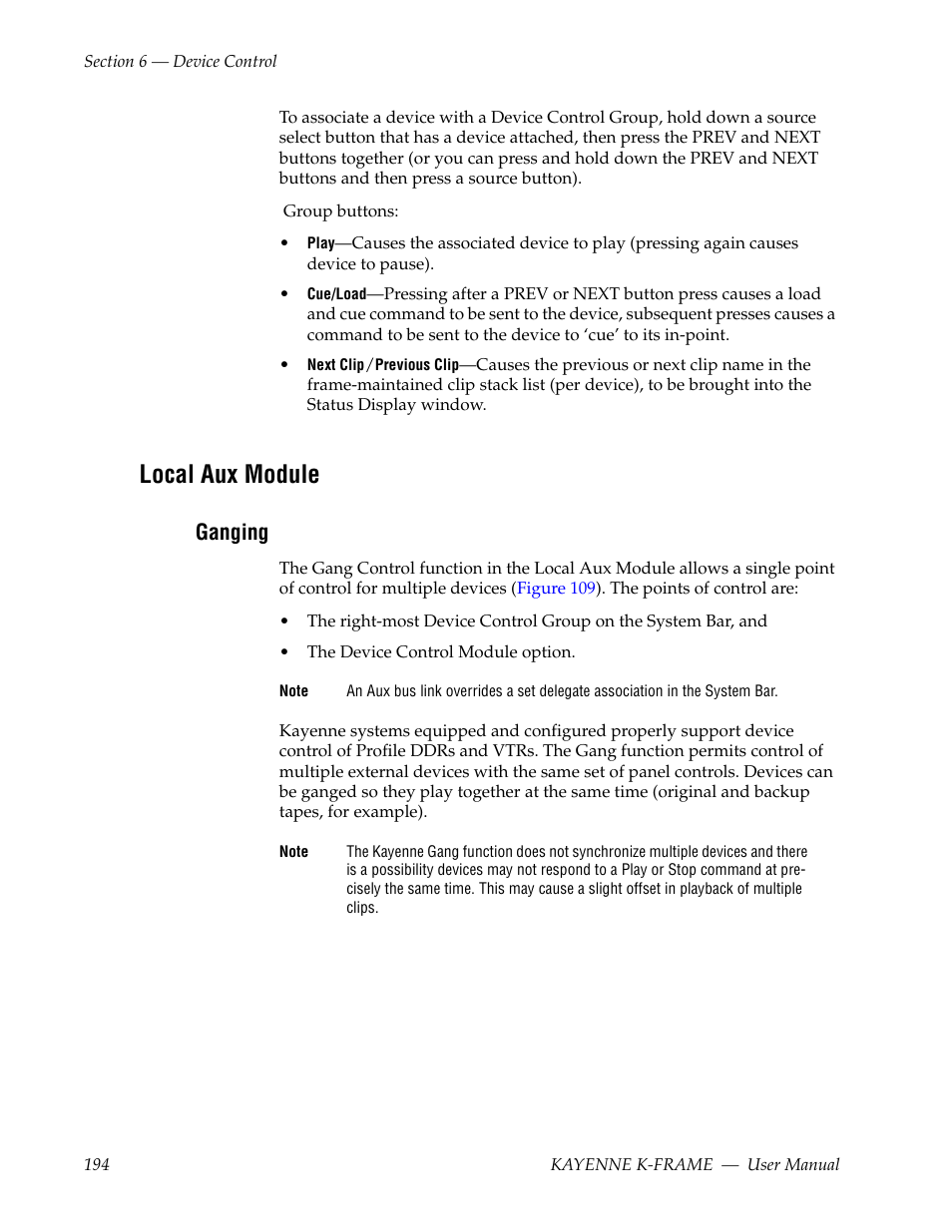 Local aux module, Ganging | Grass Valley Kayenne K-Frame v.7.0 User Manual | Page 194 / 460