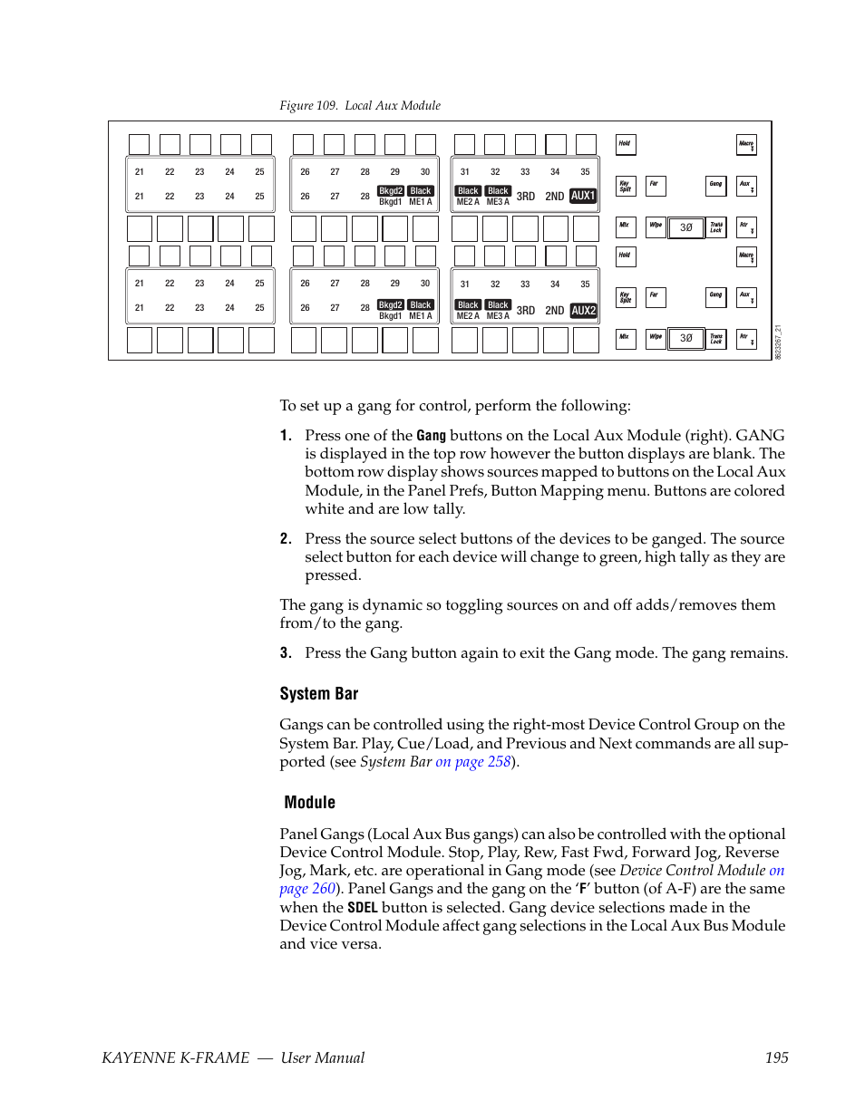 System bar, Module, Kayenne k-frame — user manual 195 | Press one of the, Button (of a-f) are the same when the, Gang, Sdel | Grass Valley Kayenne K-Frame v.7.0 User Manual | Page 195 / 460