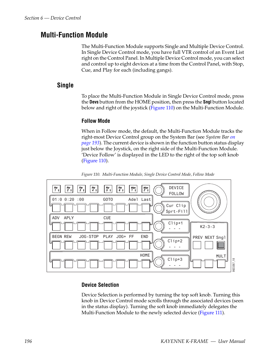 Multi-function module, Single, Follow mode | Device selection | Grass Valley Kayenne K-Frame v.7.0 User Manual | Page 196 / 460