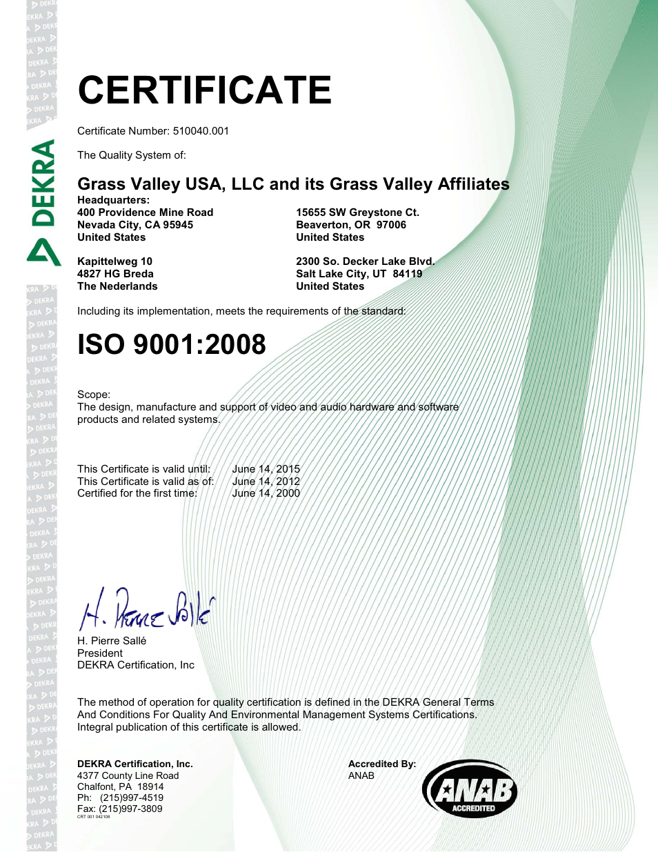 Certificate | Grass Valley Kayenne K-Frame v.7.0 User Manual | Page 2 / 460