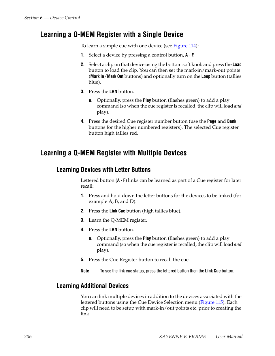 Learning a q-mem register with a single device, Learning a q-mem register with multiple devices, Learning devices with letter buttons | Learning additional devices | Grass Valley Kayenne K-Frame v.7.0 User Manual | Page 206 / 460