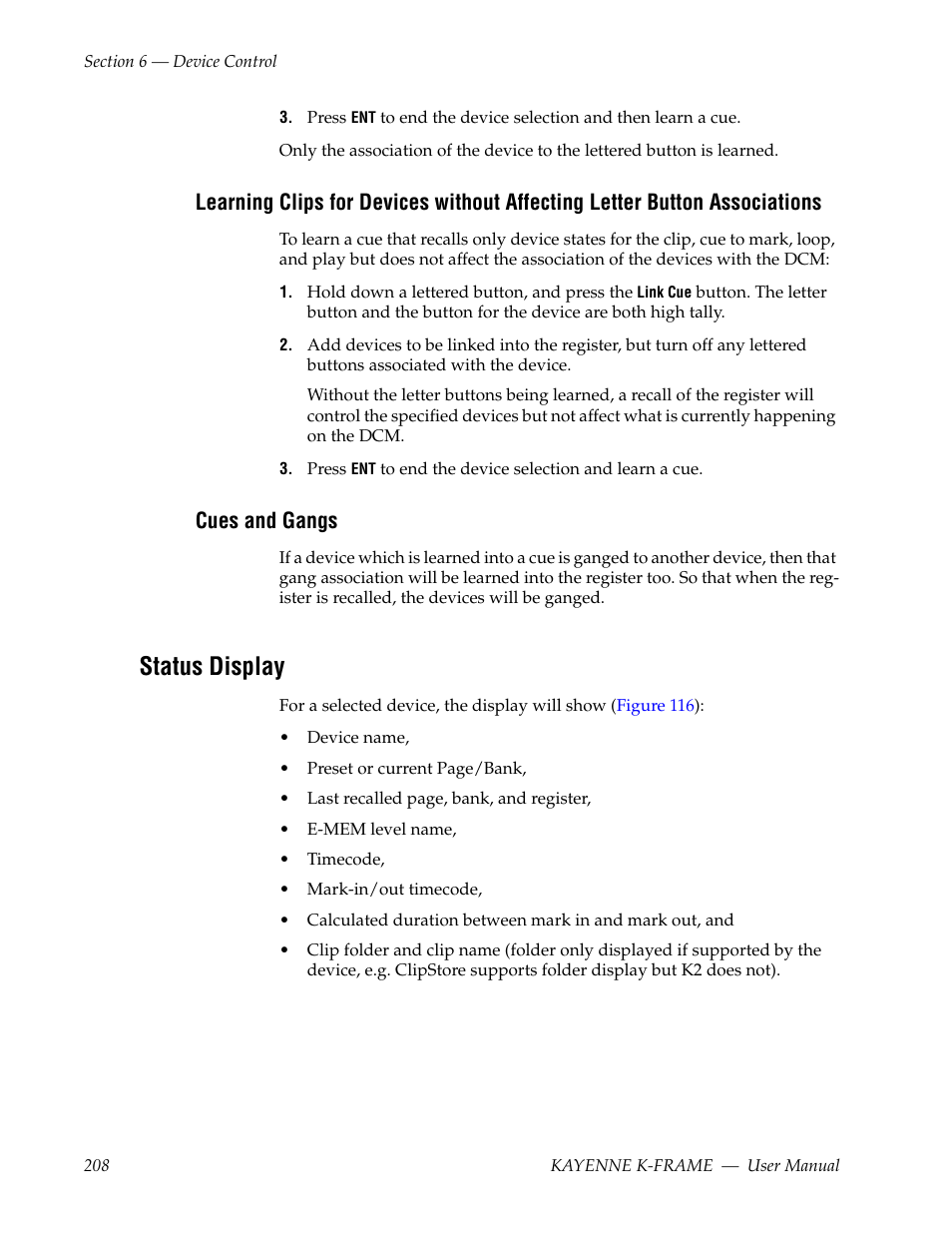Cues and gangs, Status display | Grass Valley Kayenne K-Frame v.7.0 User Manual | Page 208 / 460