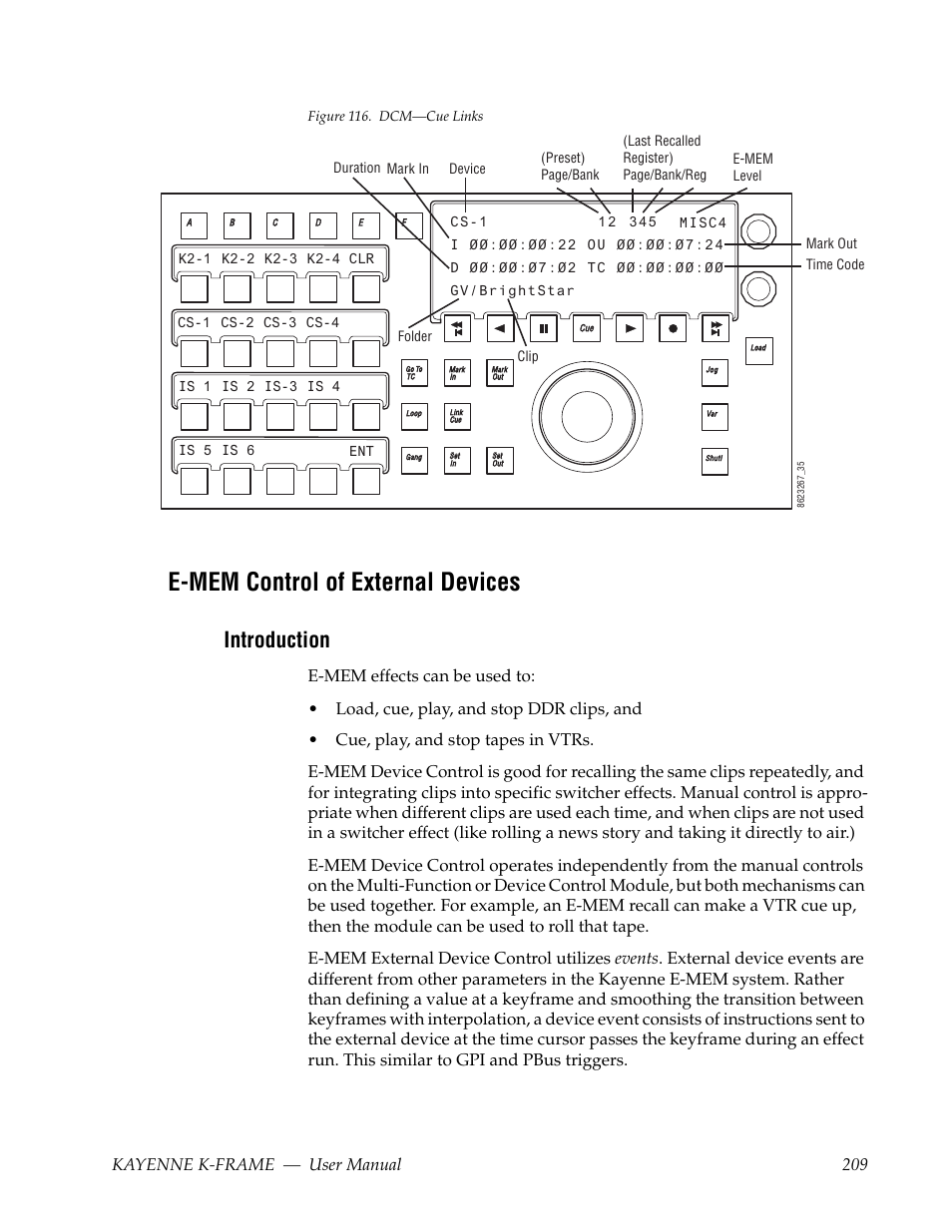 E-mem control of external devices, Introduction, Kayenne k-frame — user manual 209 | Grass Valley Kayenne K-Frame v.7.0 User Manual | Page 209 / 460