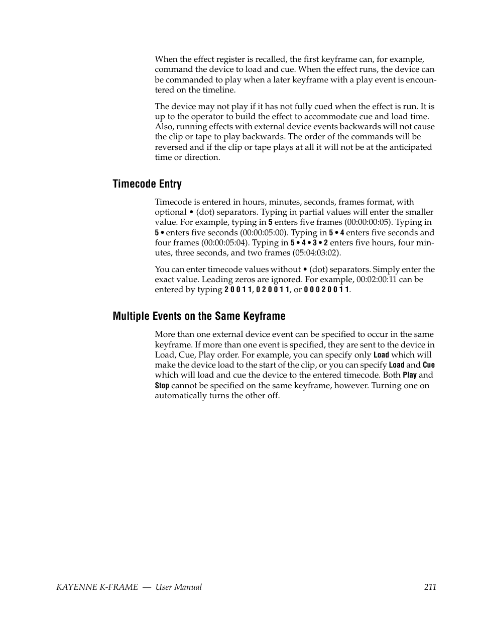 Timecode entry, Multiple events on the same keyframe | Grass Valley Kayenne K-Frame v.7.0 User Manual | Page 211 / 460
