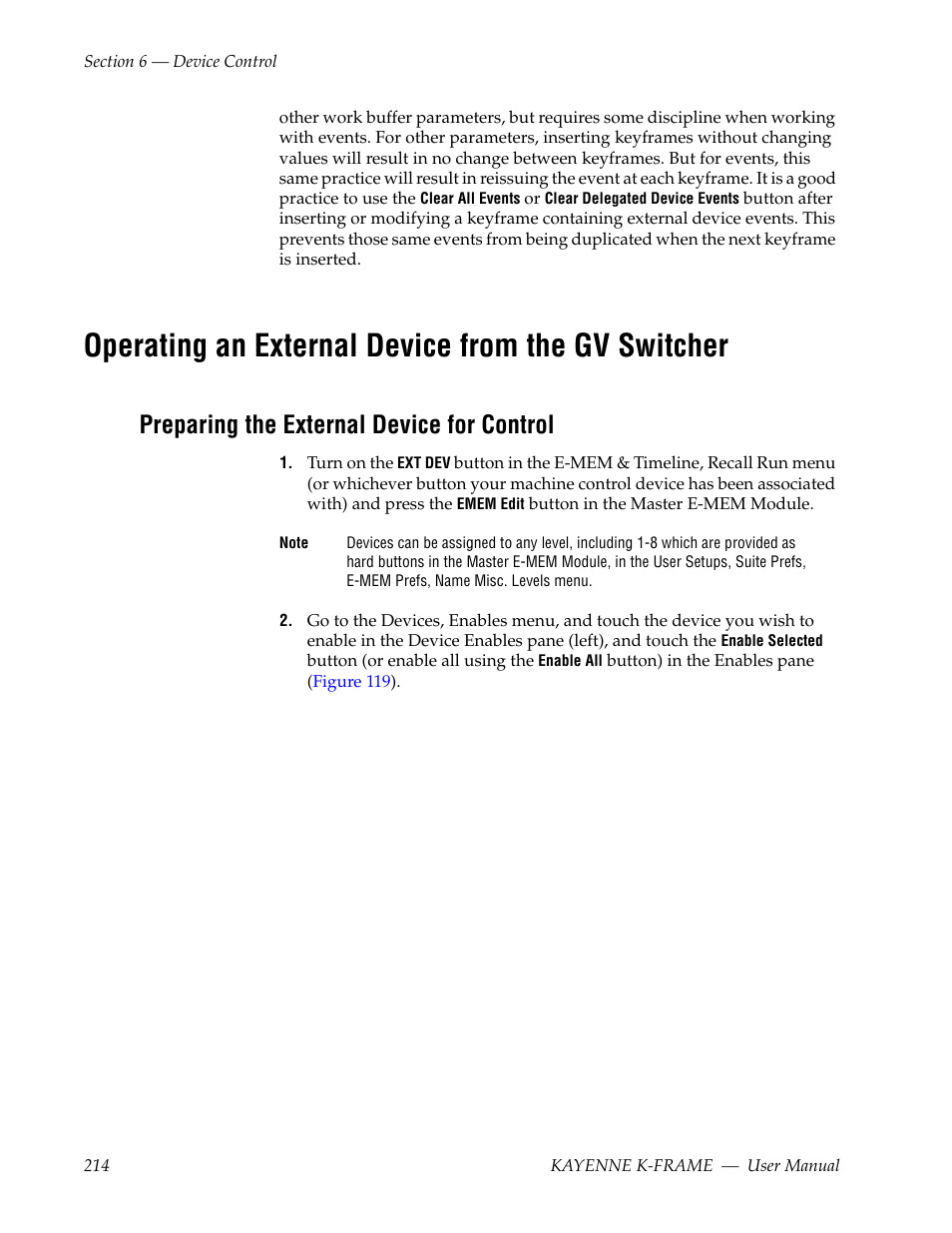 Operating an external device from the gv switcher, Preparing the external device for control | Grass Valley Kayenne K-Frame v.7.0 User Manual | Page 214 / 460