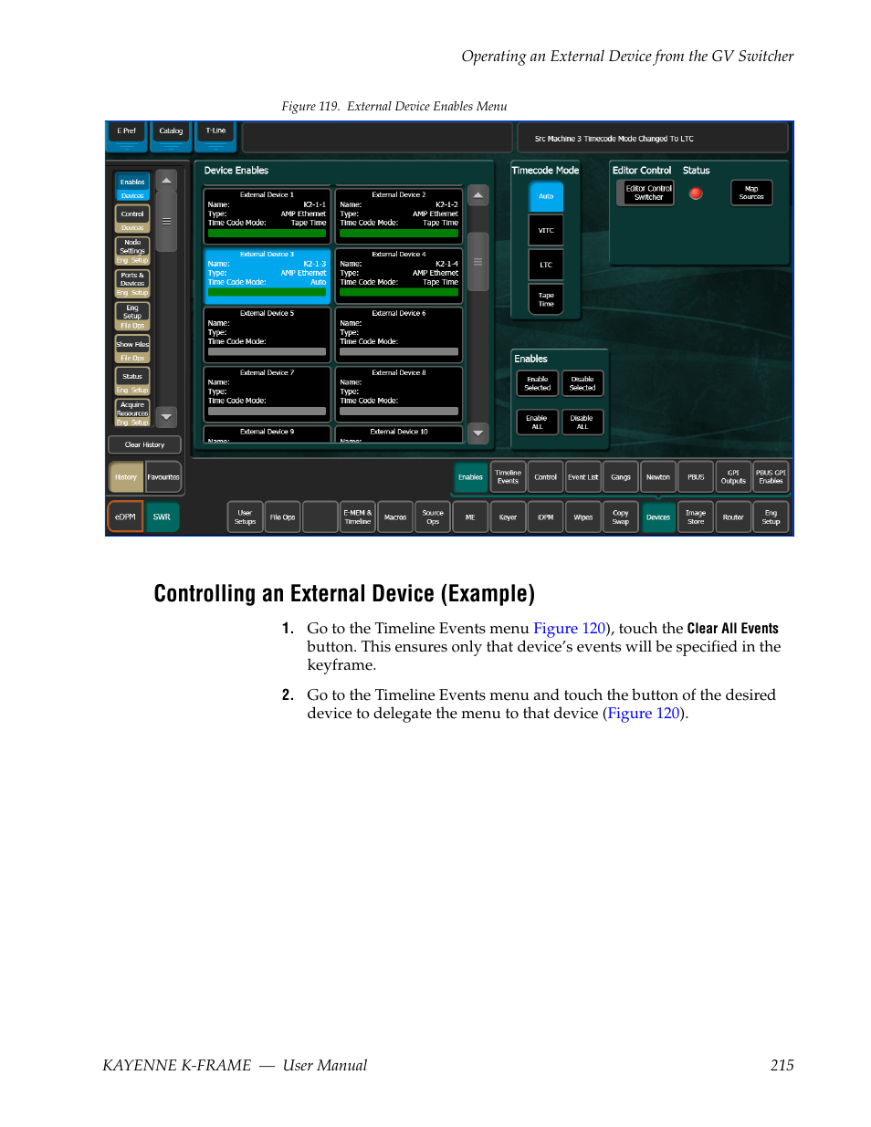 Controlling an external device (example) | Grass Valley Kayenne K-Frame v.7.0 User Manual | Page 215 / 460