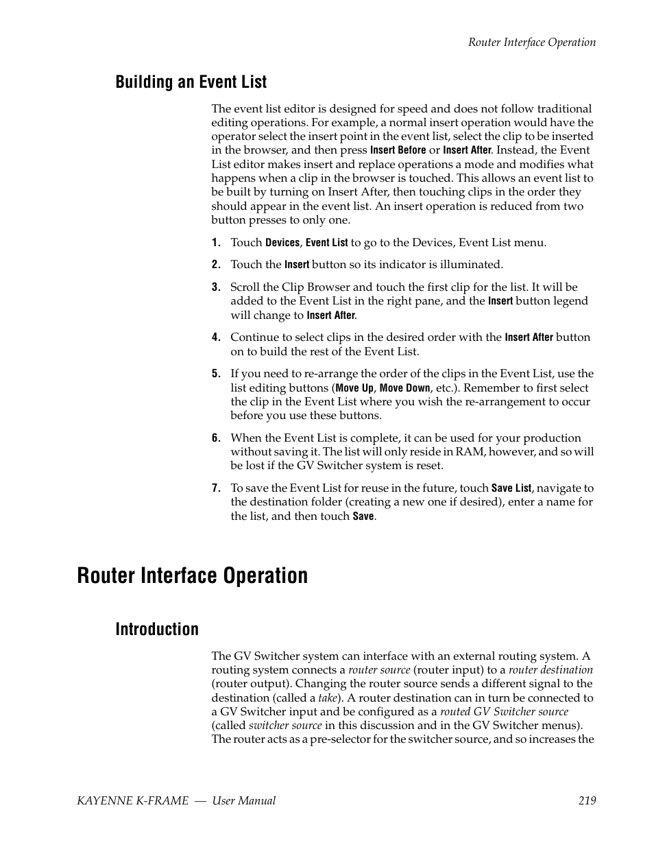 Building an event list, Router interface operation, Introduction | Grass Valley Kayenne K-Frame v.7.0 User Manual | Page 219 / 460