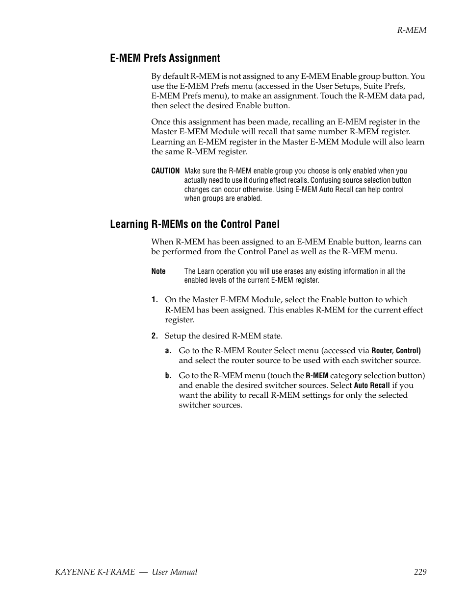 E-mem prefs assignment, Learning r-mems on the control panel | Grass Valley Kayenne K-Frame v.7.0 User Manual | Page 229 / 460