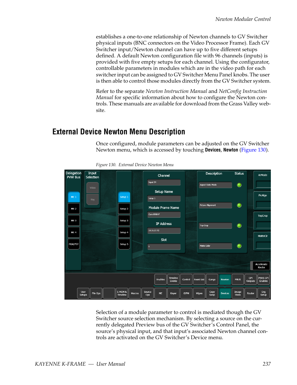 External device newton menu description | Grass Valley Kayenne K-Frame v.7.0 User Manual | Page 237 / 460