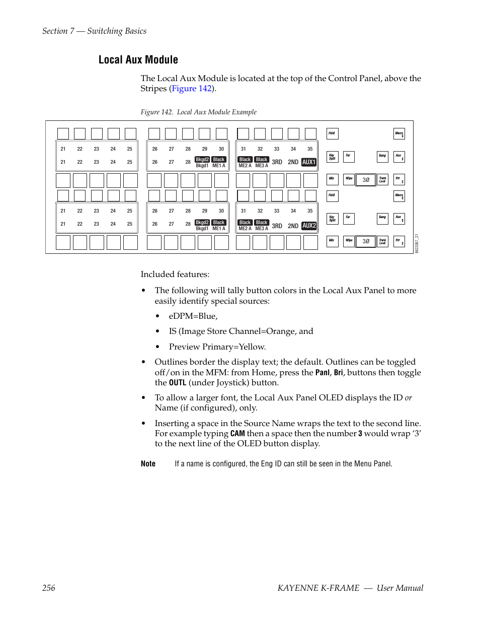 Local aux module, Buttons then toggle the, Then a space then the number | Panl, Outl | Grass Valley Kayenne K-Frame v.7.0 User Manual | Page 256 / 460