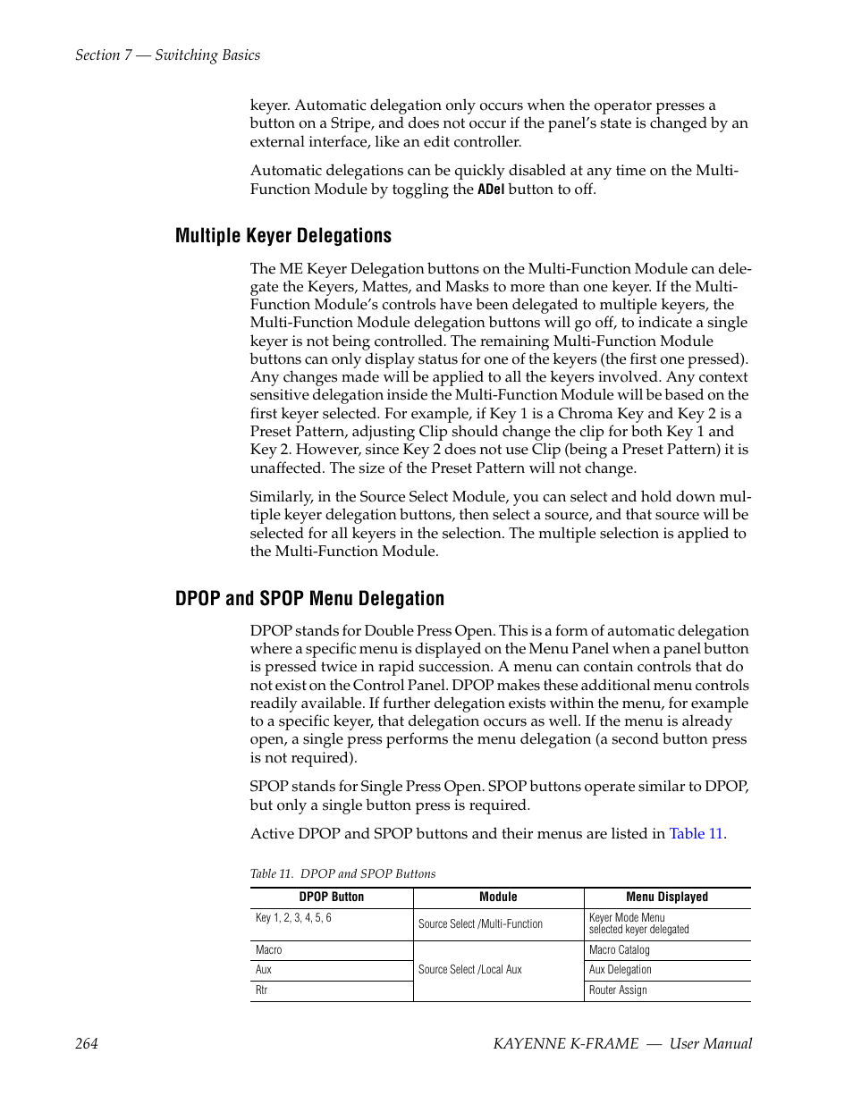 Multiple keyer delegations, Dpop and spop menu delegation | Grass Valley Kayenne K-Frame v.7.0 User Manual | Page 264 / 460