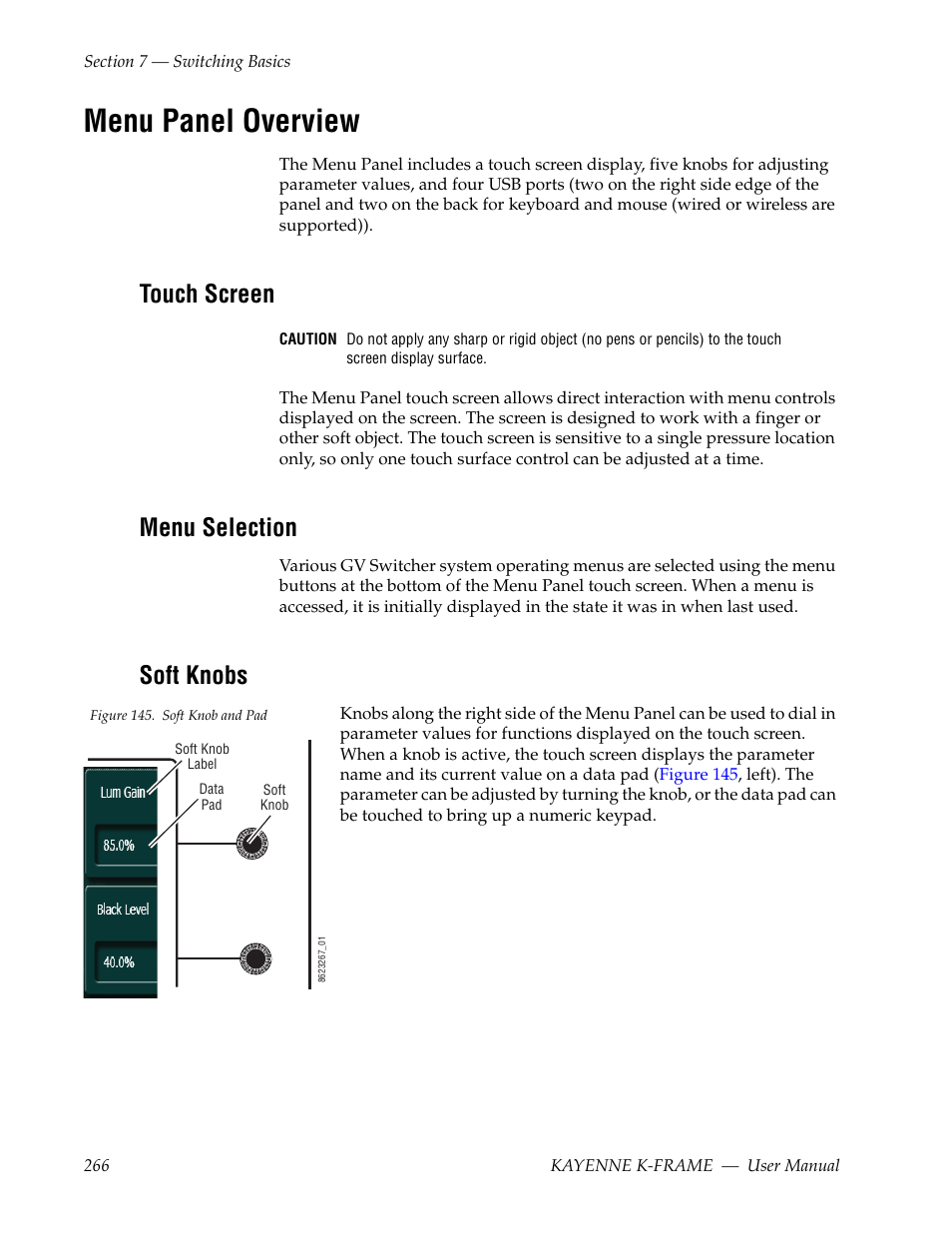 Menu panel overview, Touch screen, Menu selection | Soft knobs | Grass Valley Kayenne K-Frame v.7.0 User Manual | Page 266 / 460