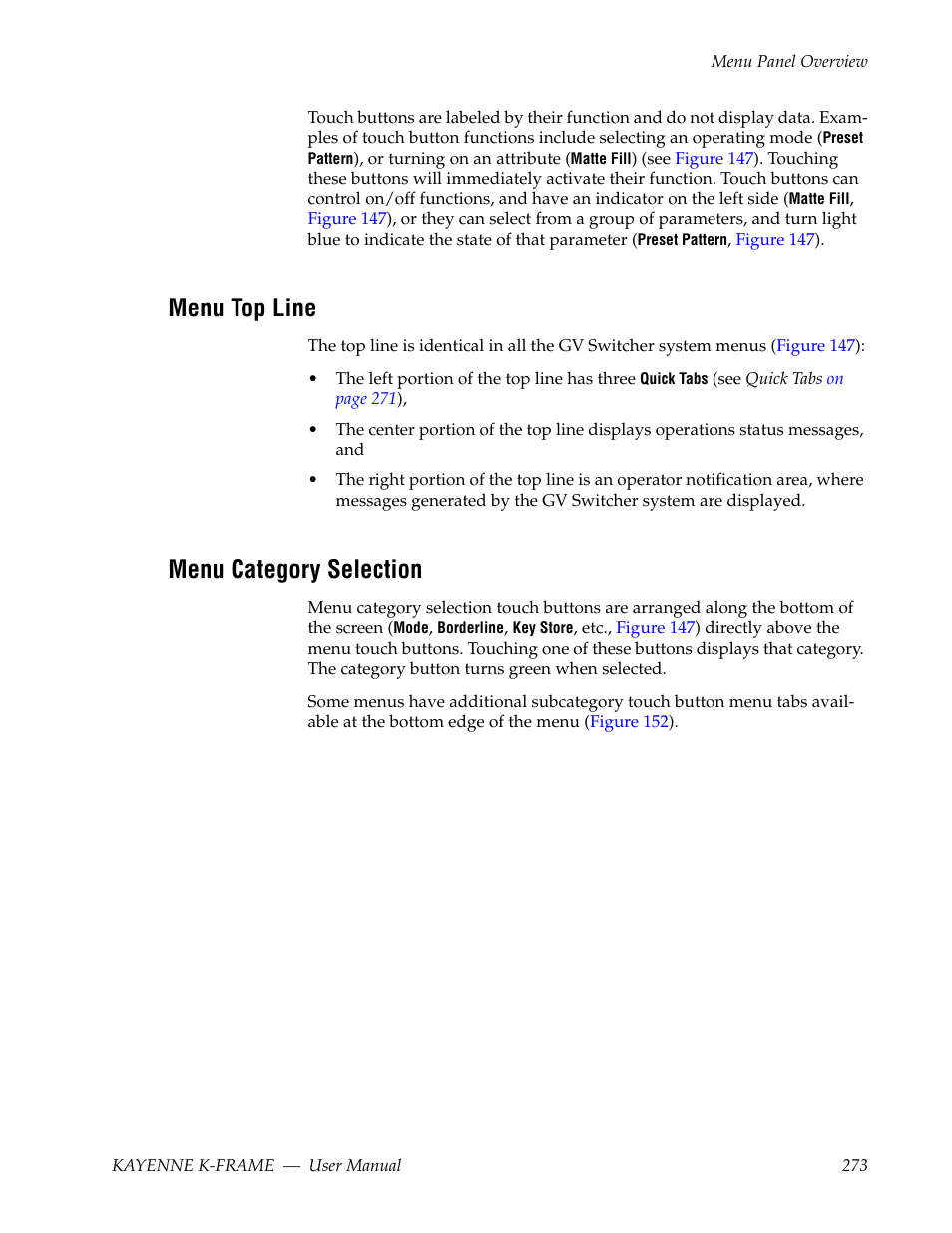 Menu top line, Menu category selection | Grass Valley Kayenne K-Frame v.7.0 User Manual | Page 273 / 460