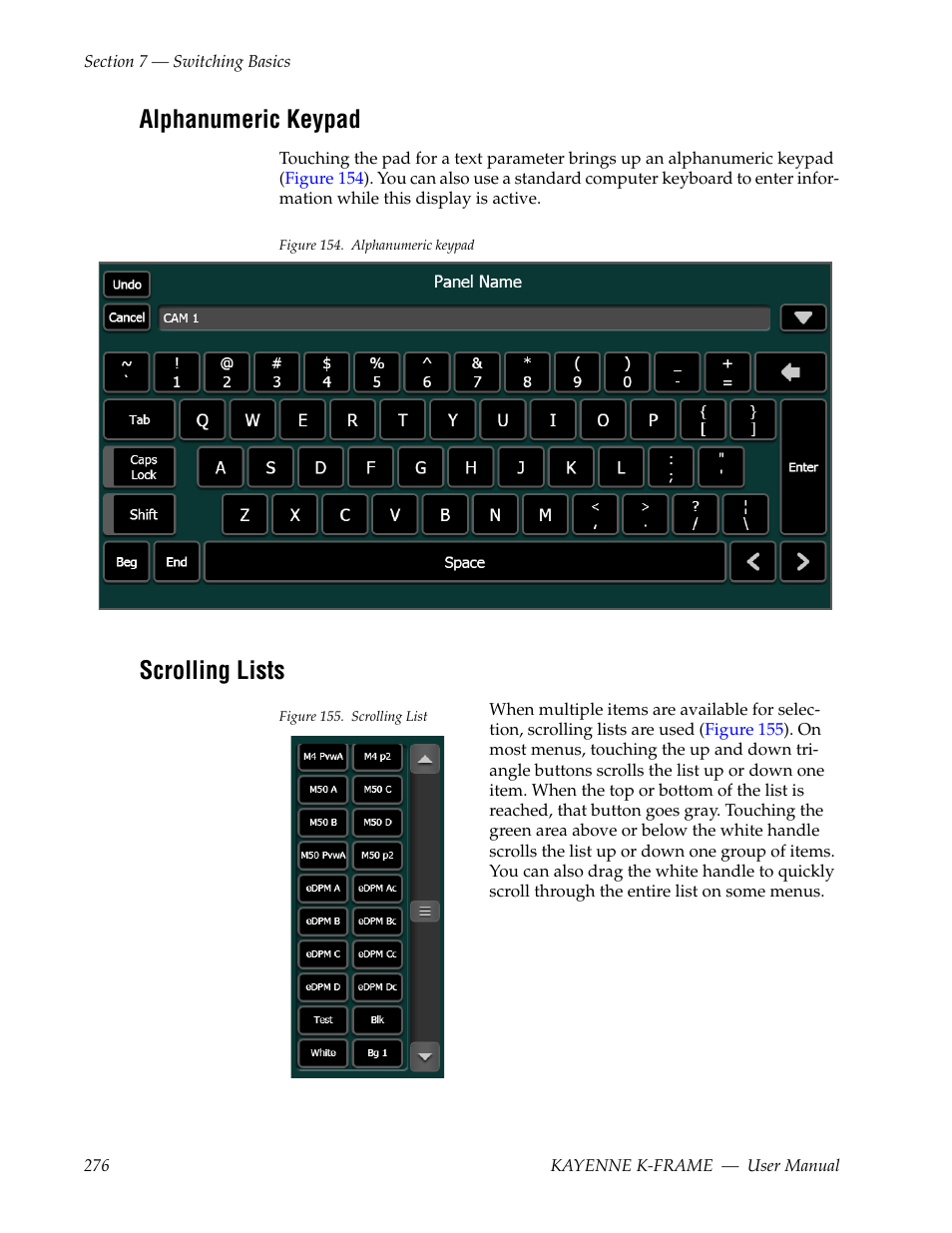 Alphanumeric keypad, Scrolling lists | Grass Valley Kayenne K-Frame v.7.0 User Manual | Page 276 / 460