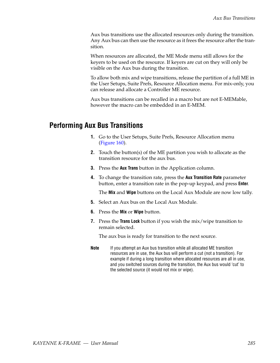 Performing aux bus transitions | Grass Valley Kayenne K-Frame v.7.0 User Manual | Page 285 / 460
