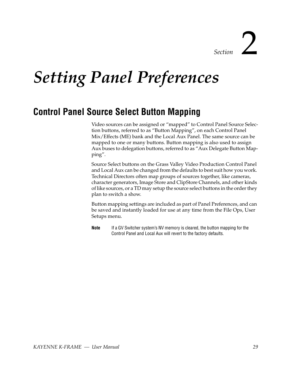 Setting panel preferences, Control panel source select button mapping, Section 2 — setting panel preferences | Grass Valley Kayenne K-Frame v.7.0 User Manual | Page 29 / 460