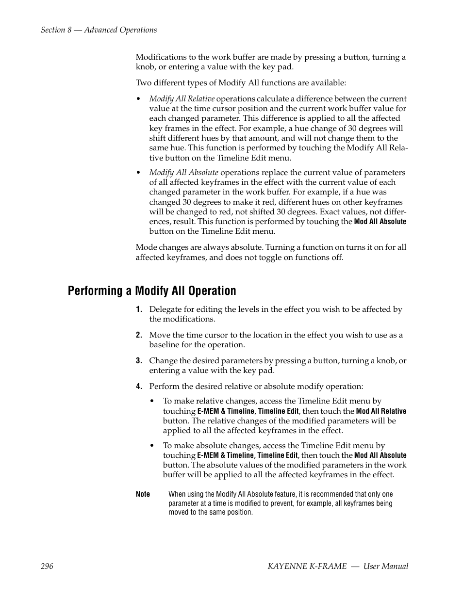 Performing a modify all operation | Grass Valley Kayenne K-Frame v.7.0 User Manual | Page 296 / 460