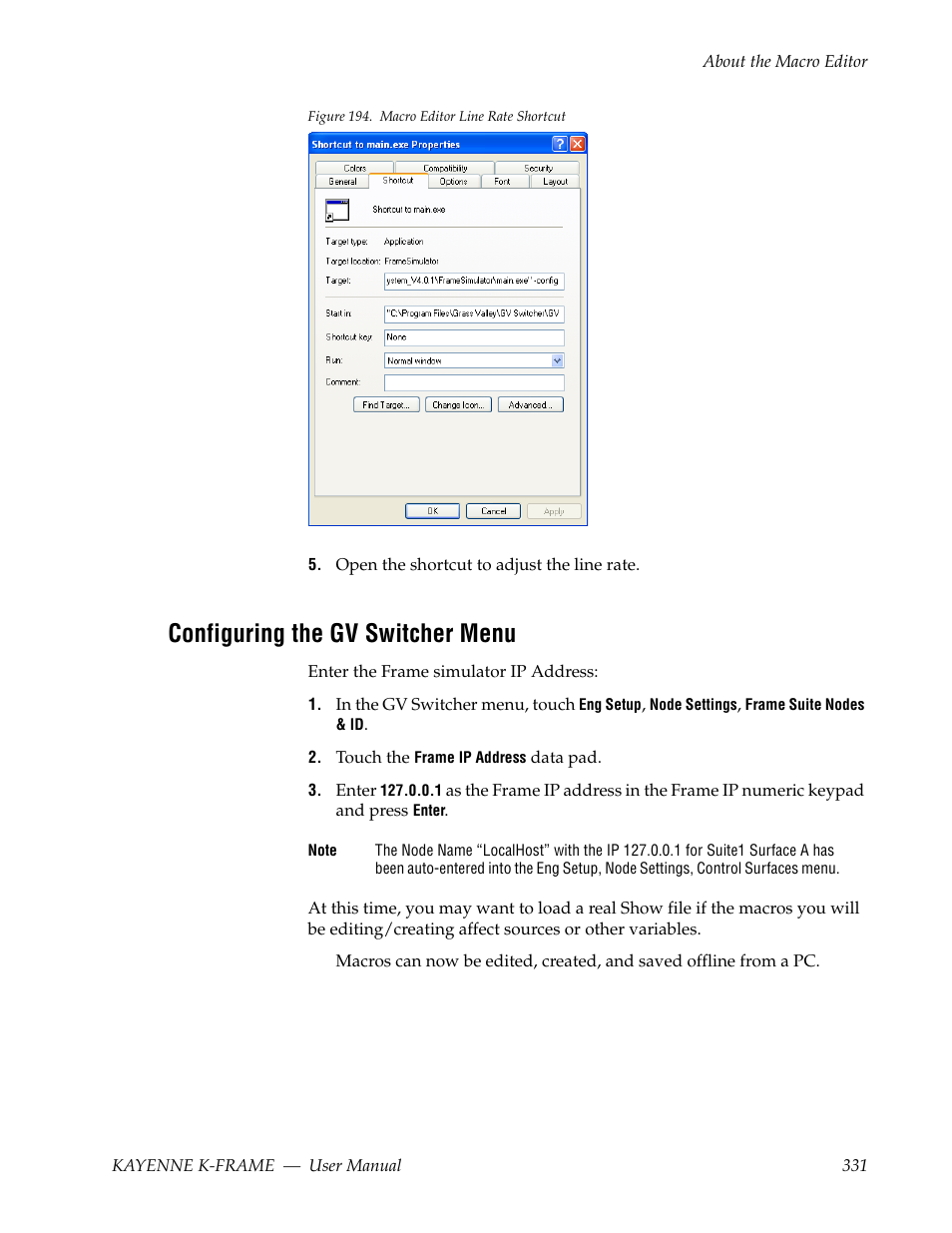 Configuring the gv switcher menu | Grass Valley Kayenne K-Frame v.7.0 User Manual | Page 331 / 460
