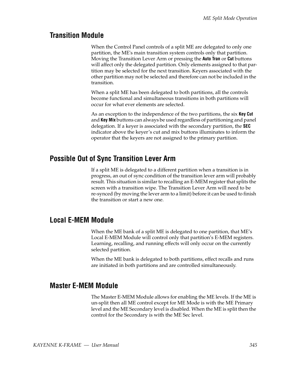 Transition module, Possible out of sync transition lever arm, Local e-mem module | Master e-mem module | Grass Valley Kayenne K-Frame v.7.0 User Manual | Page 345 / 460