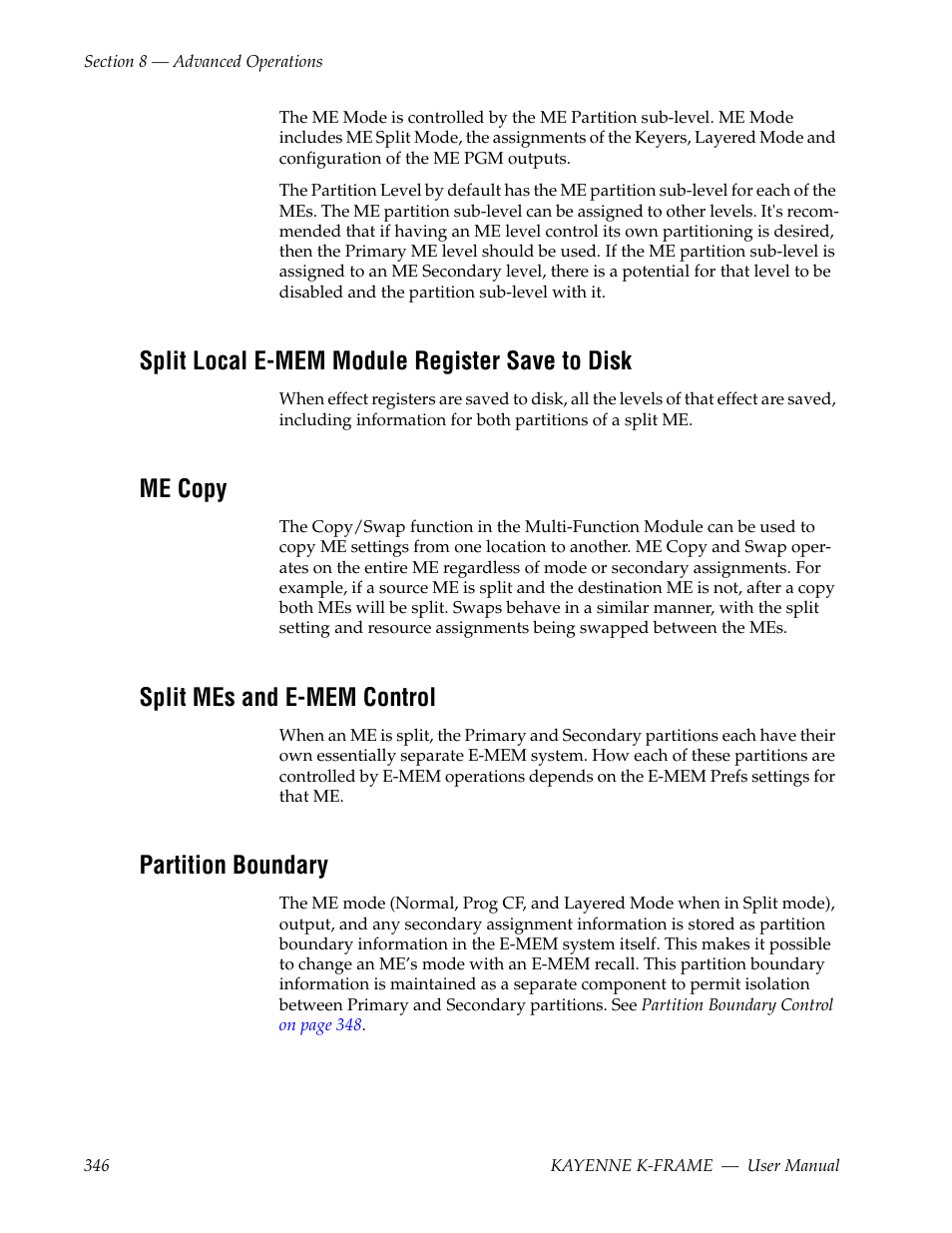 Split local e-mem module register save to disk, Me copy, Split mes and e-mem control | Partition boundary, Ee split mes and e-mem control | Grass Valley Kayenne K-Frame v.7.0 User Manual | Page 346 / 460