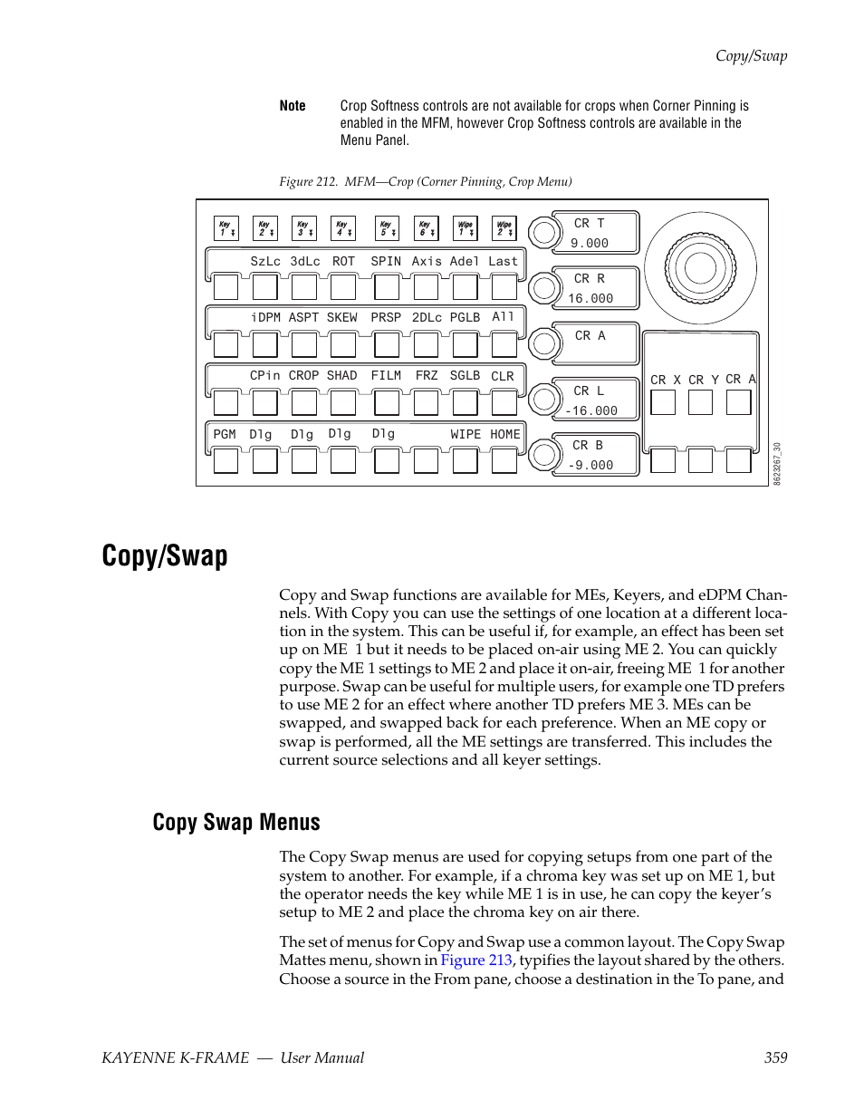 Copy/swap, Copy swap menus, Figure 212 | Knobs, Kayenne k-frame — user manual 359 copy/swap | Grass Valley Kayenne K-Frame v.7.0 User Manual | Page 359 / 460