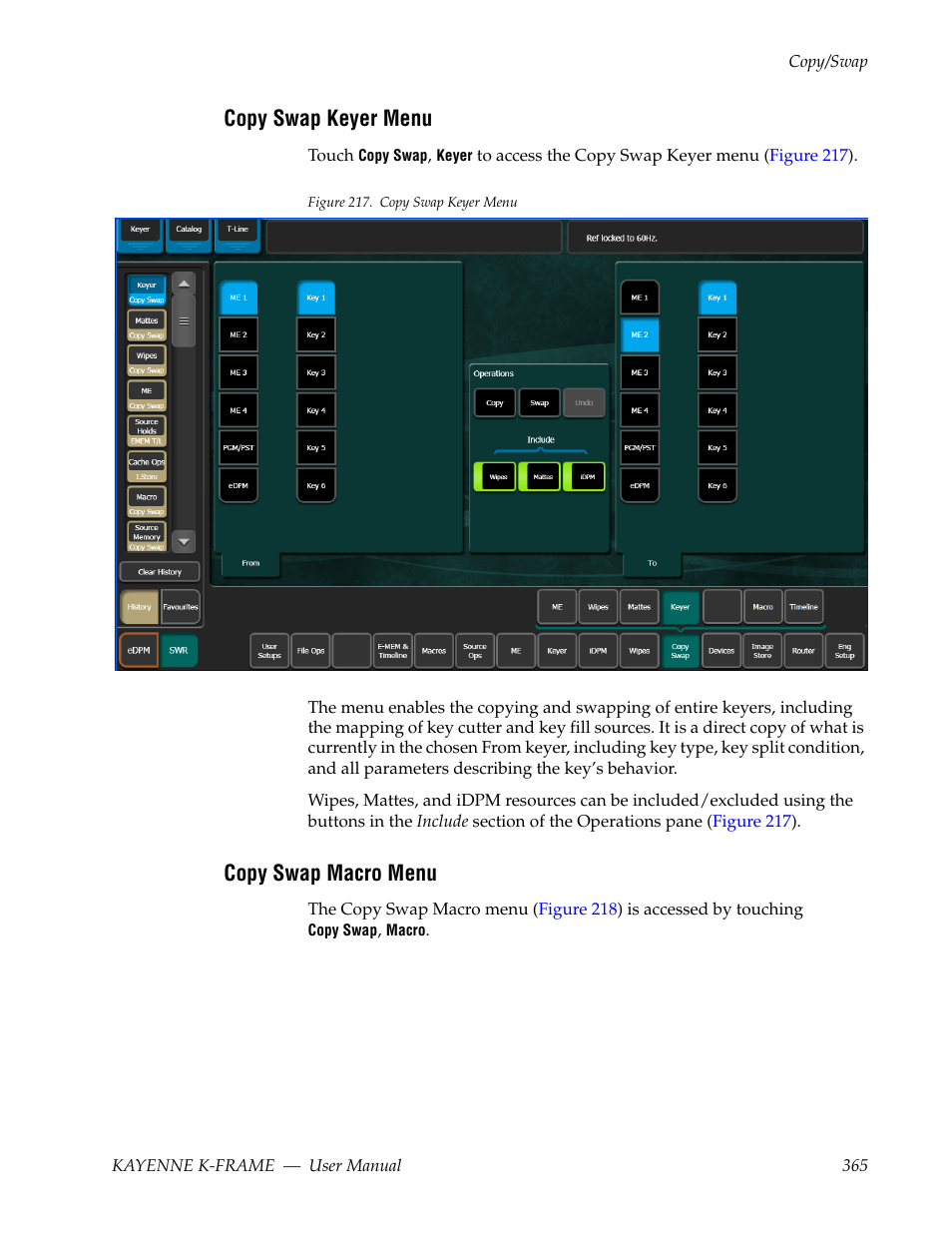 Copy swap keyer menu, Copy swap macro menu | Grass Valley Kayenne K-Frame v.7.0 User Manual | Page 365 / 460