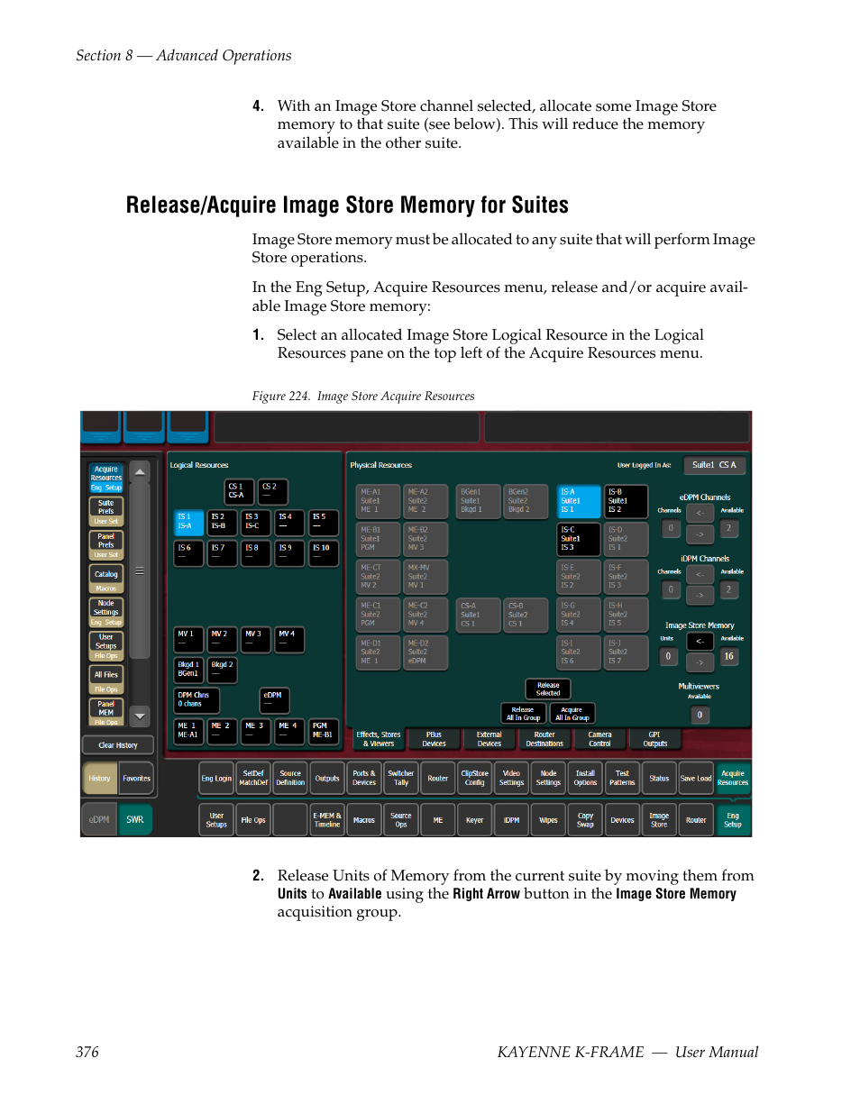Release/acquire image store memory for suites | Grass Valley Kayenne K-Frame v.7.0 User Manual | Page 376 / 460