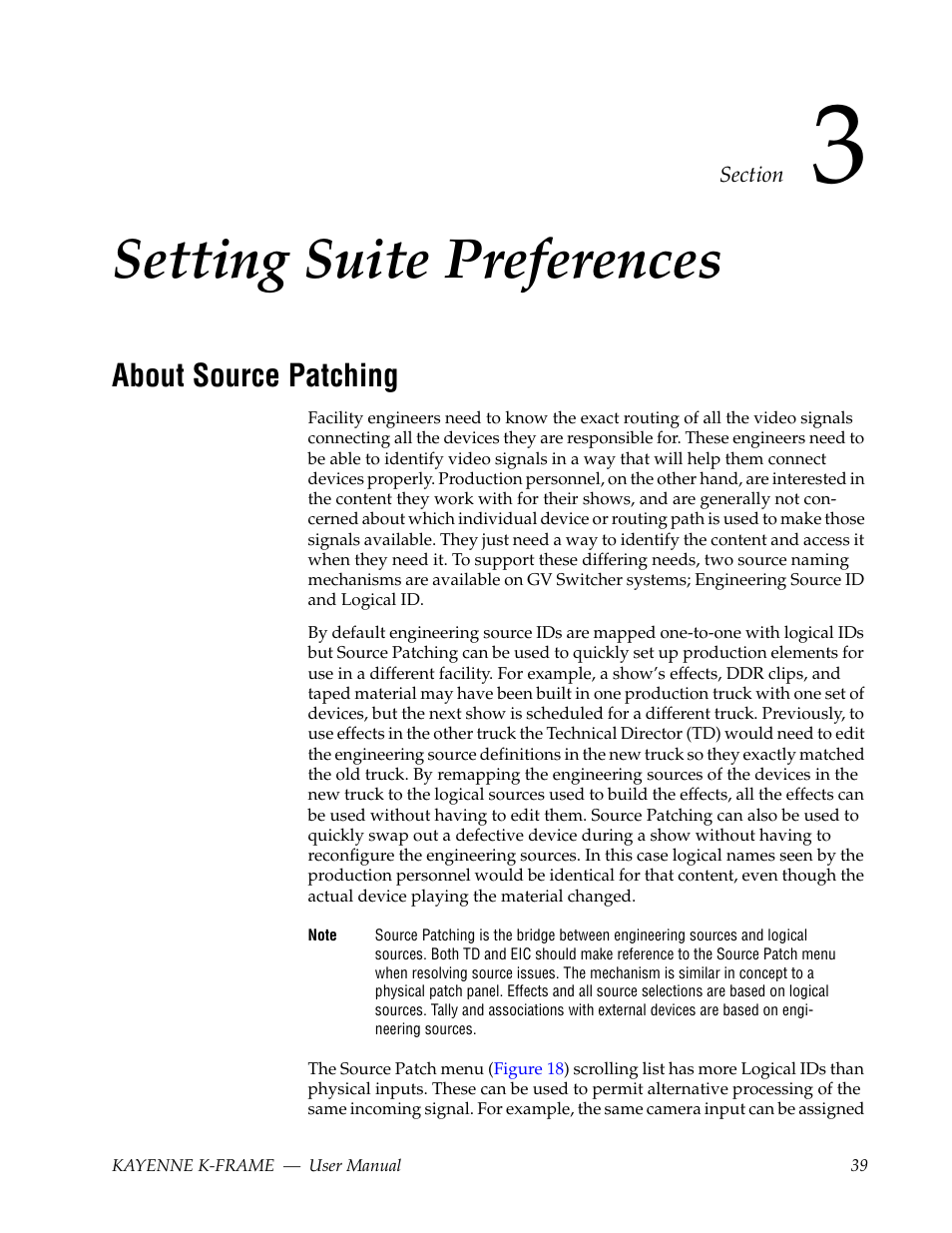 Setting suite preferences, About source patching, Section 3 — setting suite preferences | Grass Valley Kayenne K-Frame v.7.0 User Manual | Page 39 / 460