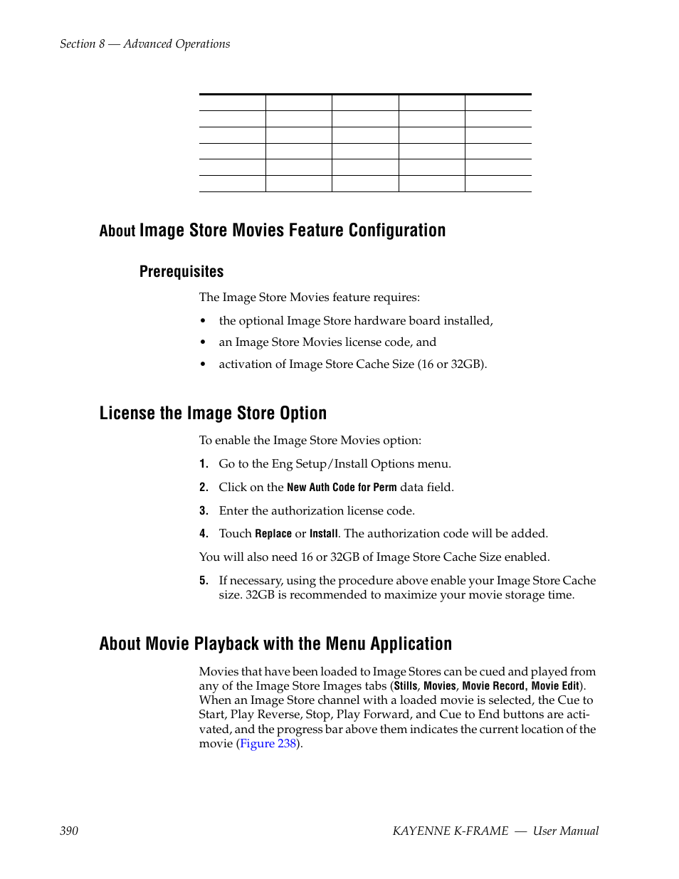 About image store movies feature configuration, Prerequisites, License the image store option | About movie playback with the menu application, Image store movies feature configuration, About | Grass Valley Kayenne K-Frame v.7.0 User Manual | Page 390 / 460