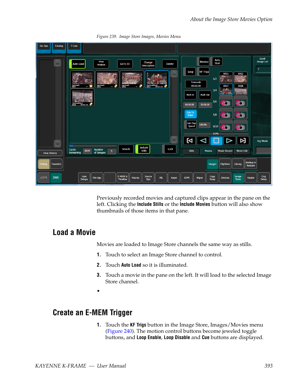 Load a movie, Create an e-mem trigger | Grass Valley Kayenne K-Frame v.7.0 User Manual | Page 393 / 460