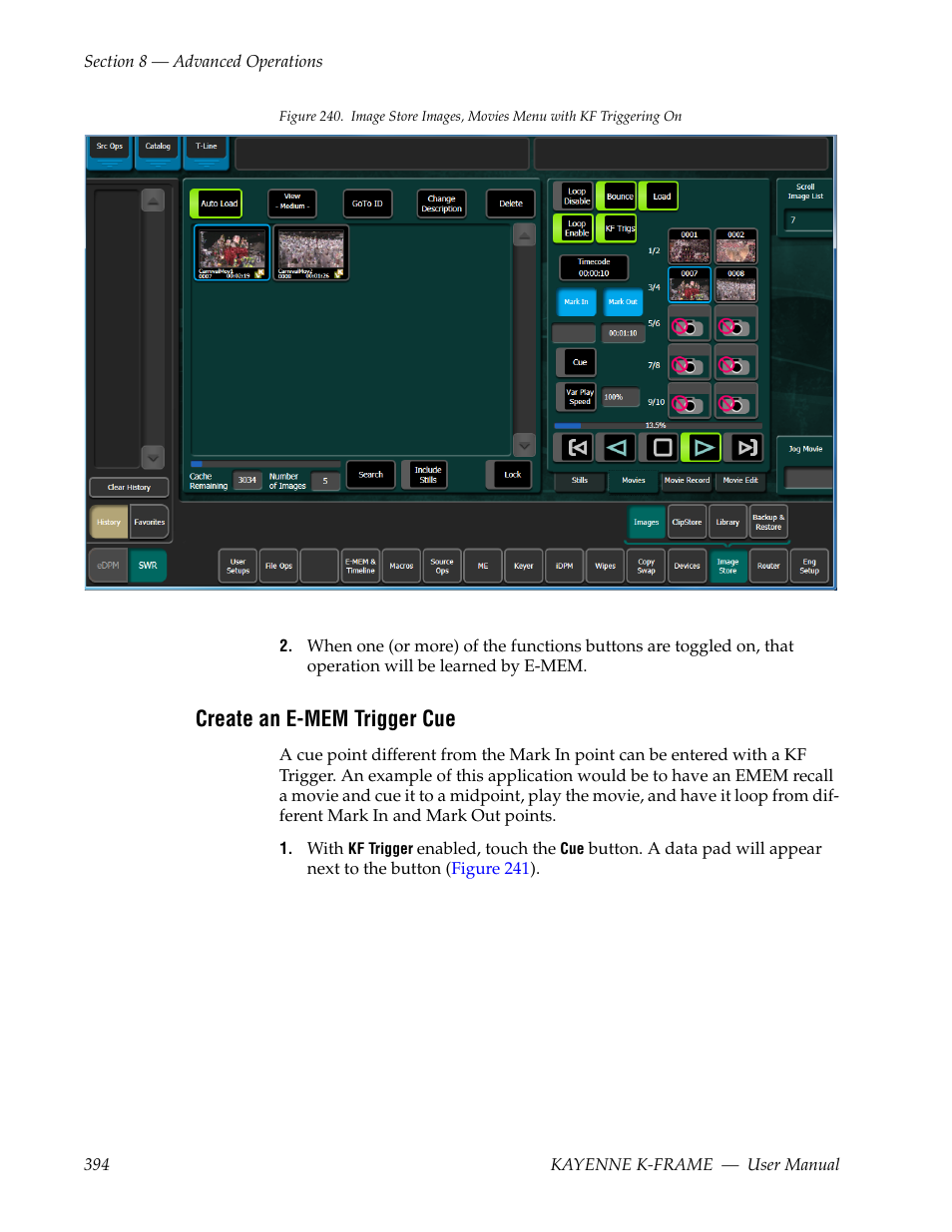 Create an e-mem trigger cue | Grass Valley Kayenne K-Frame v.7.0 User Manual | Page 394 / 460