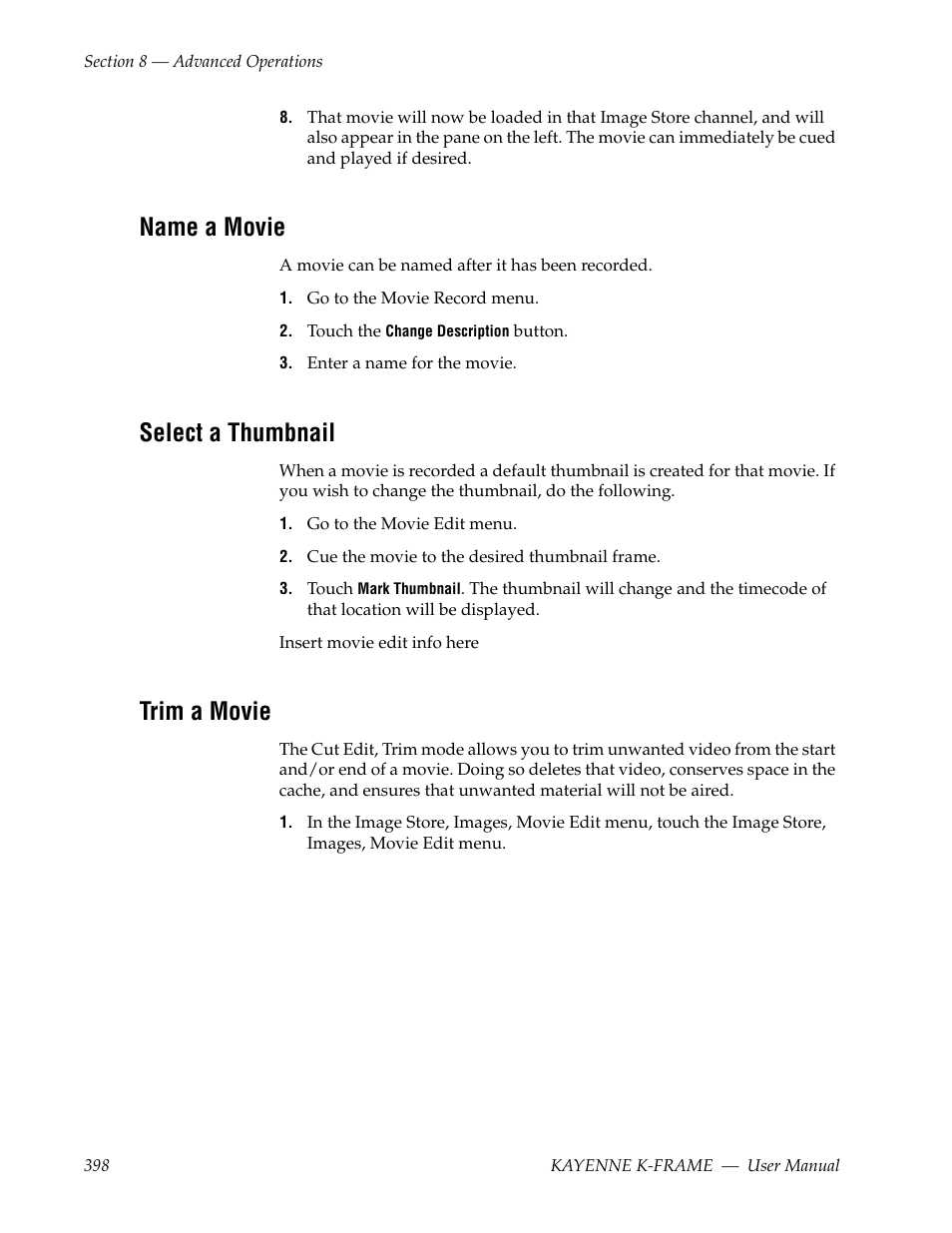 Name a movie, Select a thumbnail, Trim a movie | Grass Valley Kayenne K-Frame v.7.0 User Manual | Page 398 / 460