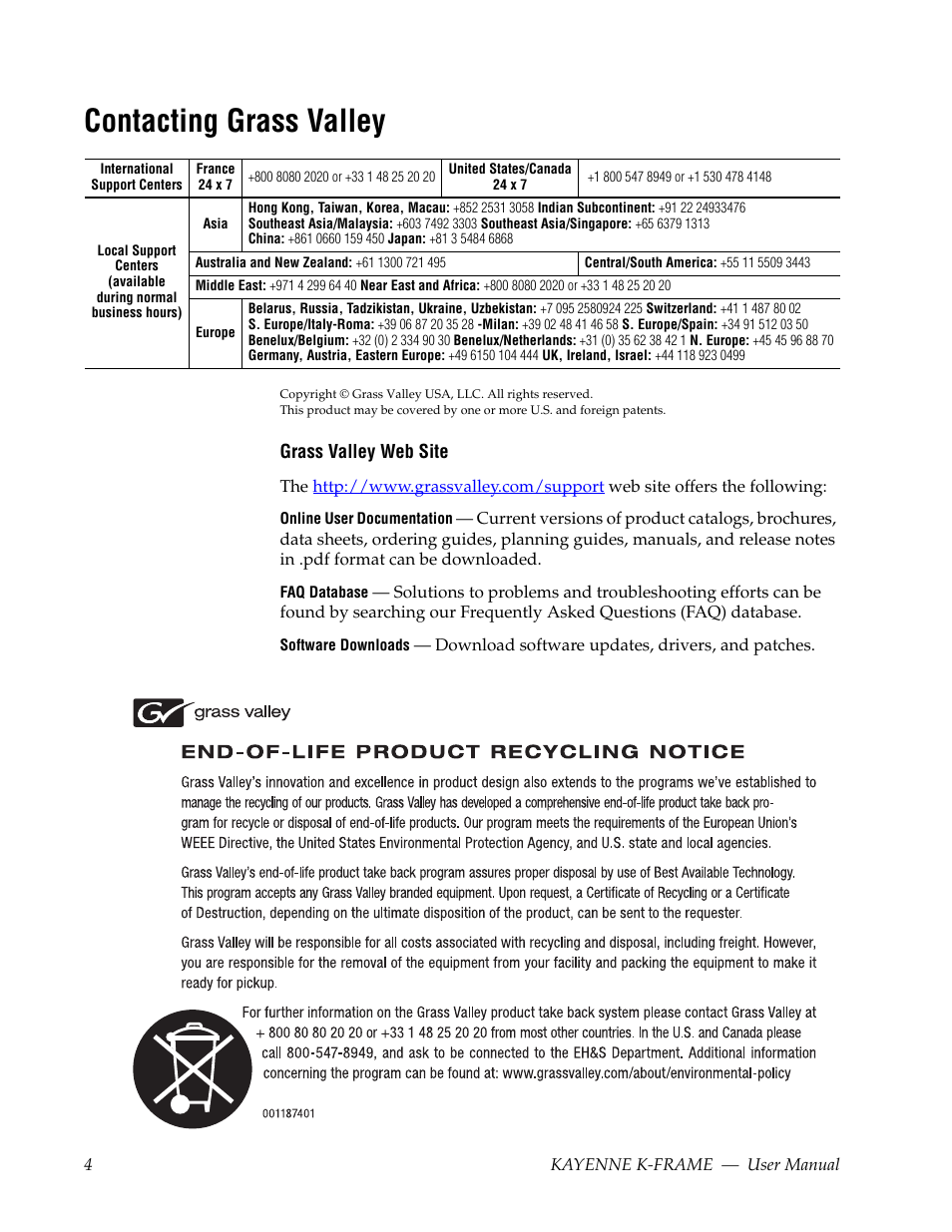Contacting grass valley | Grass Valley Kayenne K-Frame v.7.0 User Manual | Page 4 / 460