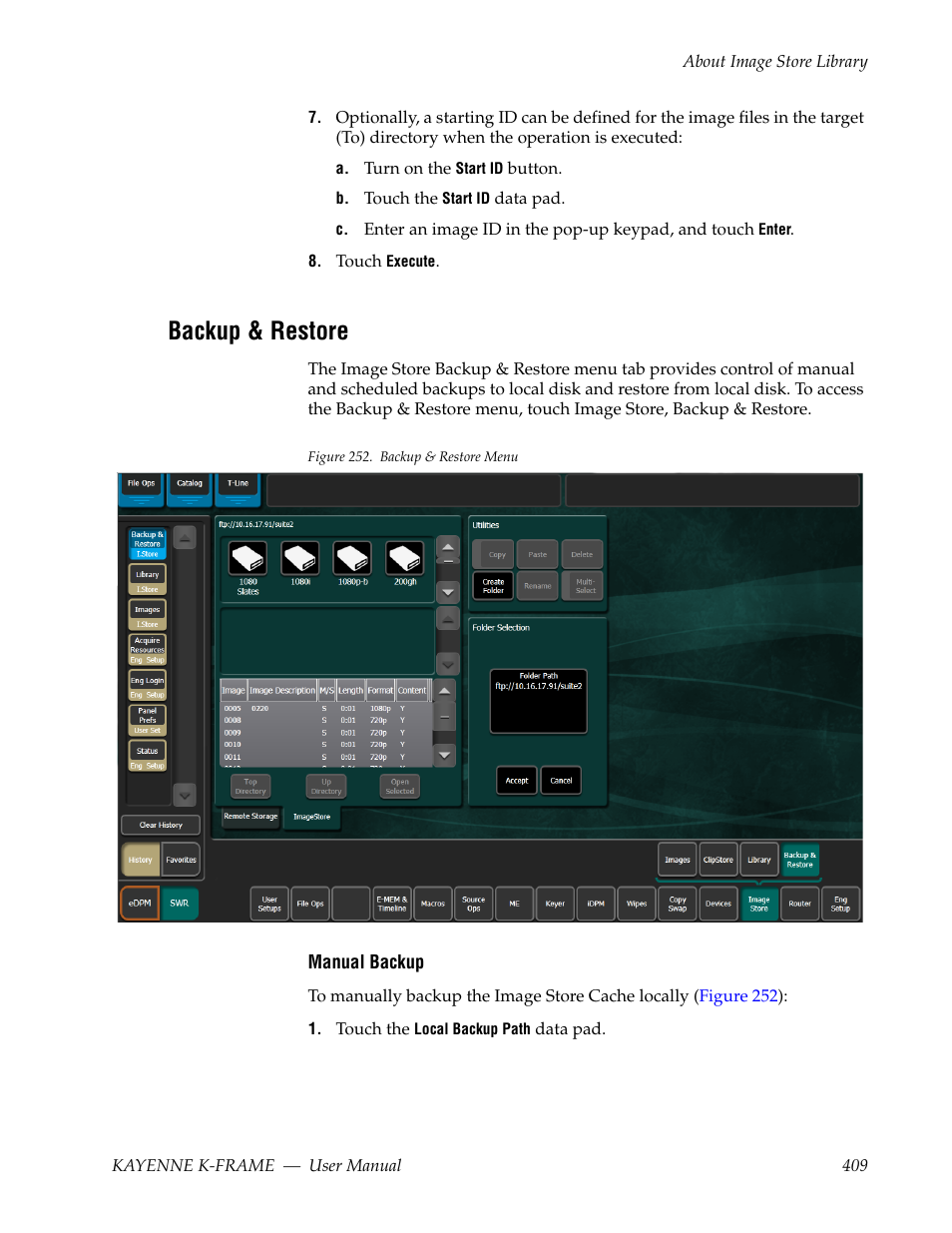 Backup & restore | Grass Valley Kayenne K-Frame v.7.0 User Manual | Page 409 / 460