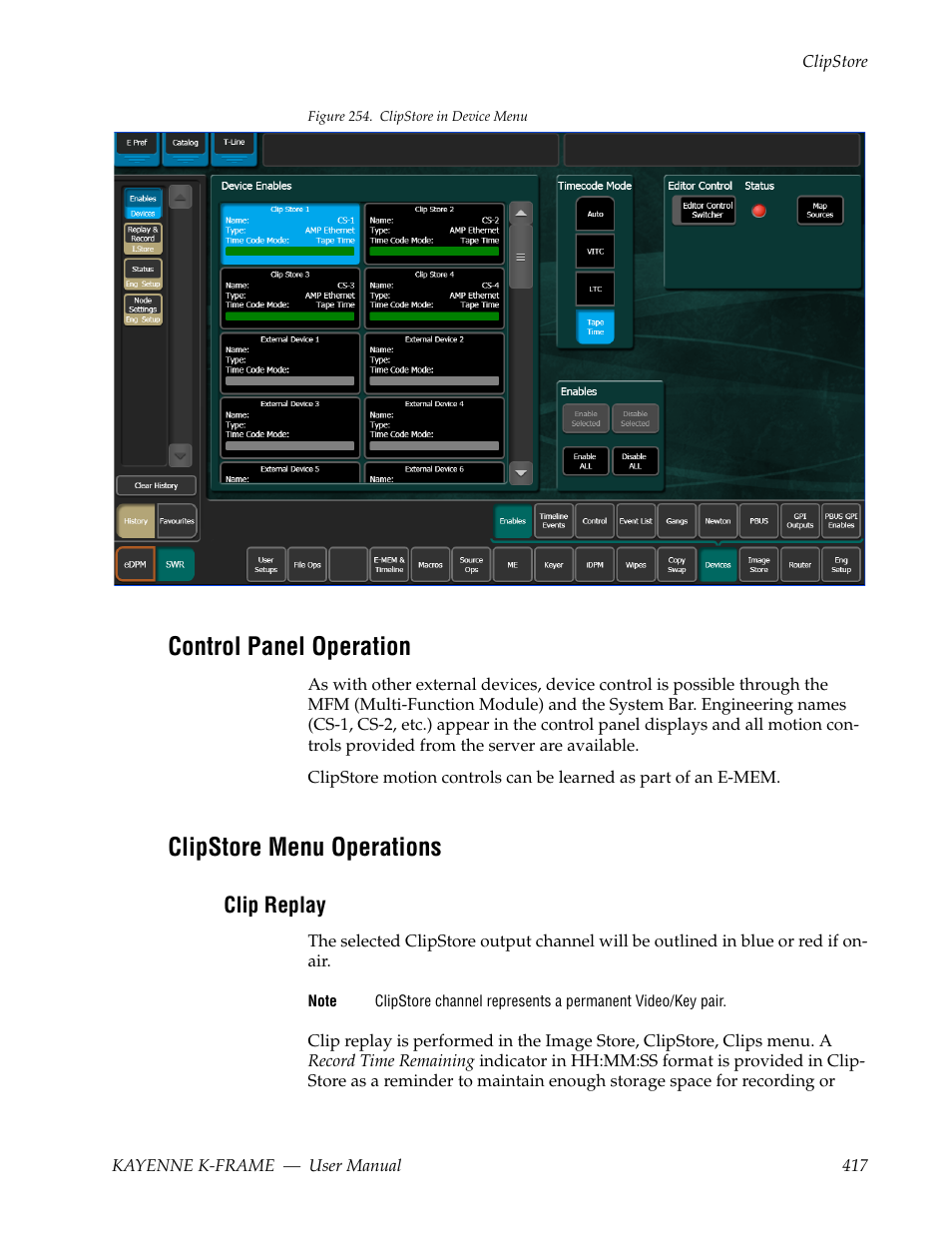 Control panel operation, Clipstore menu operations, Clip replay | Figure 254 | Grass Valley Kayenne K-Frame v.7.0 User Manual | Page 417 / 460