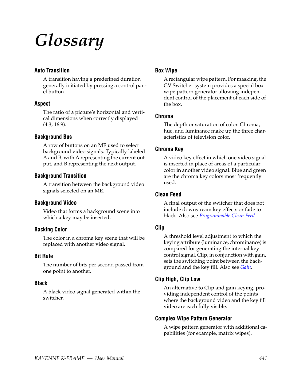 Glossary | Grass Valley Kayenne K-Frame v.7.0 User Manual | Page 441 / 460