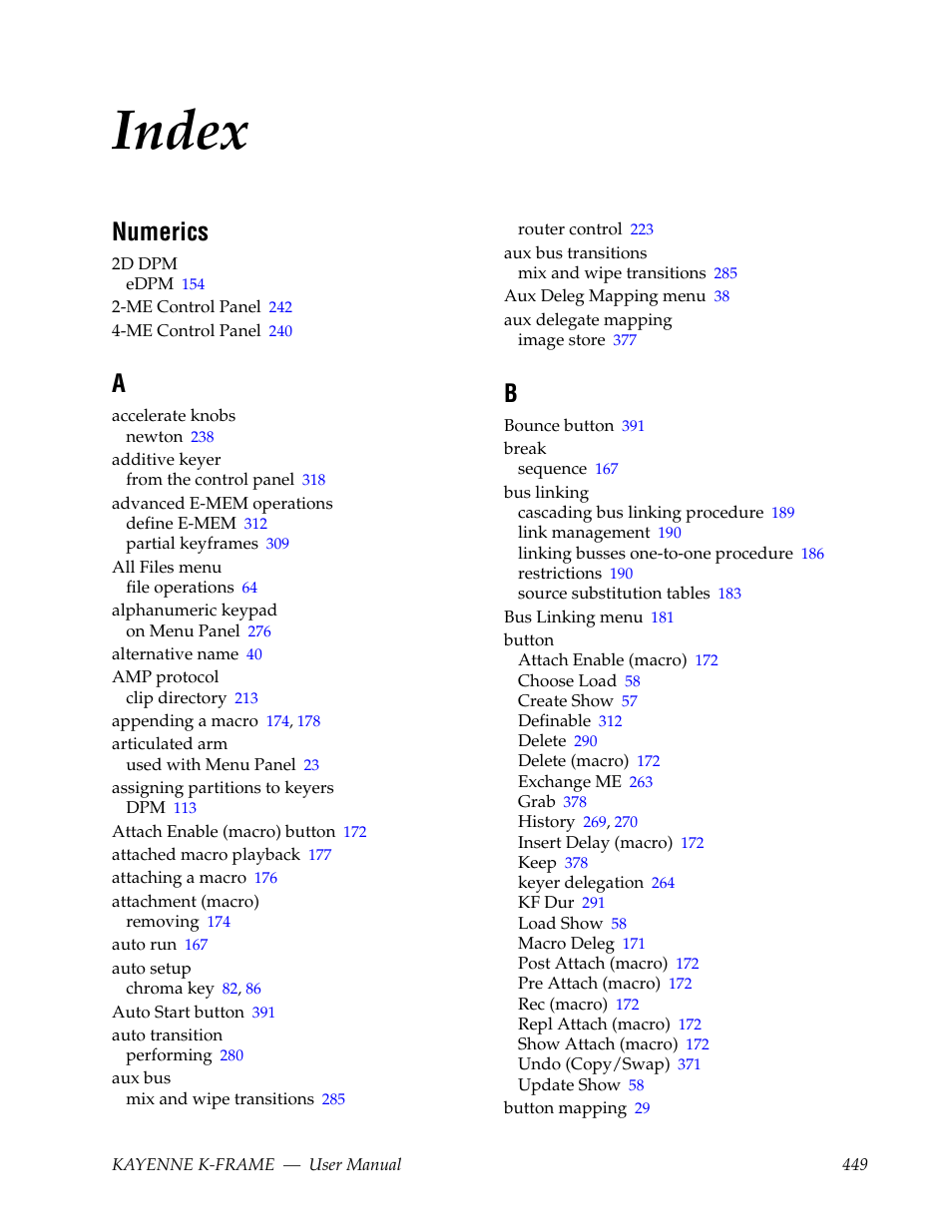 Index, Numerics | Grass Valley Kayenne K-Frame v.7.0 User Manual | Page 449 / 460