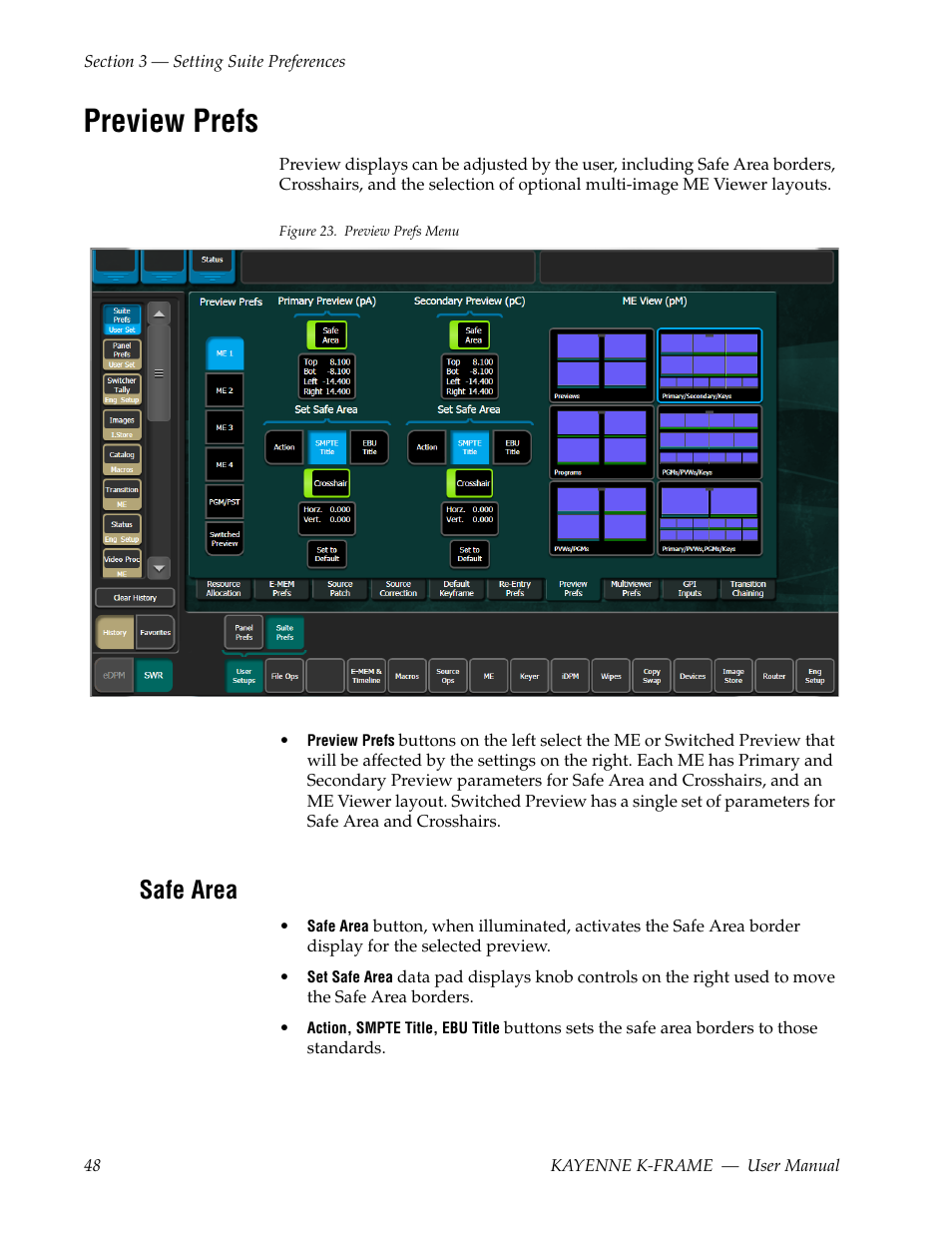 Preview prefs, Safe area | Grass Valley Kayenne K-Frame v.7.0 User Manual | Page 48 / 460