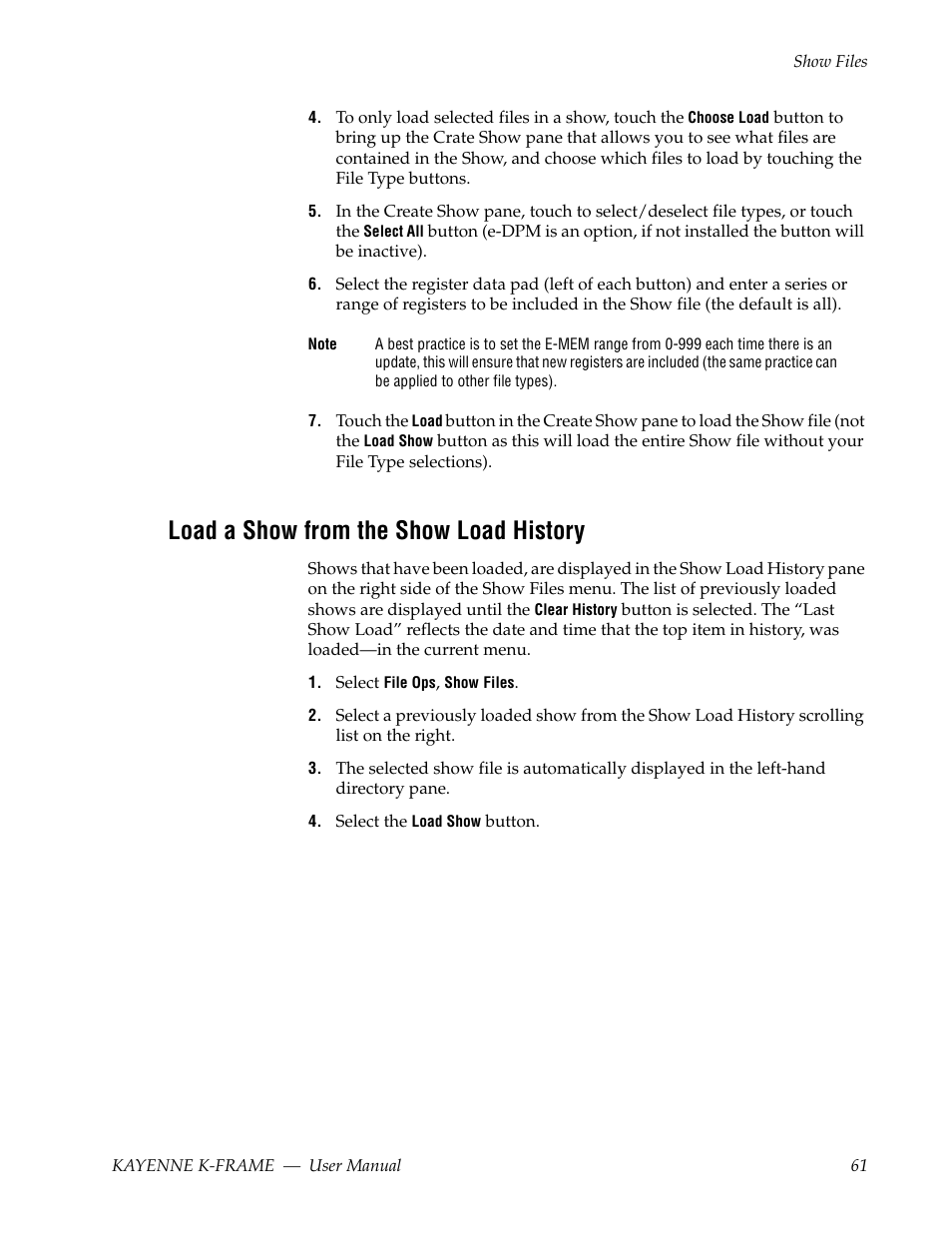 Load a show from the show load history | Grass Valley Kayenne K-Frame v.7.0 User Manual | Page 61 / 460