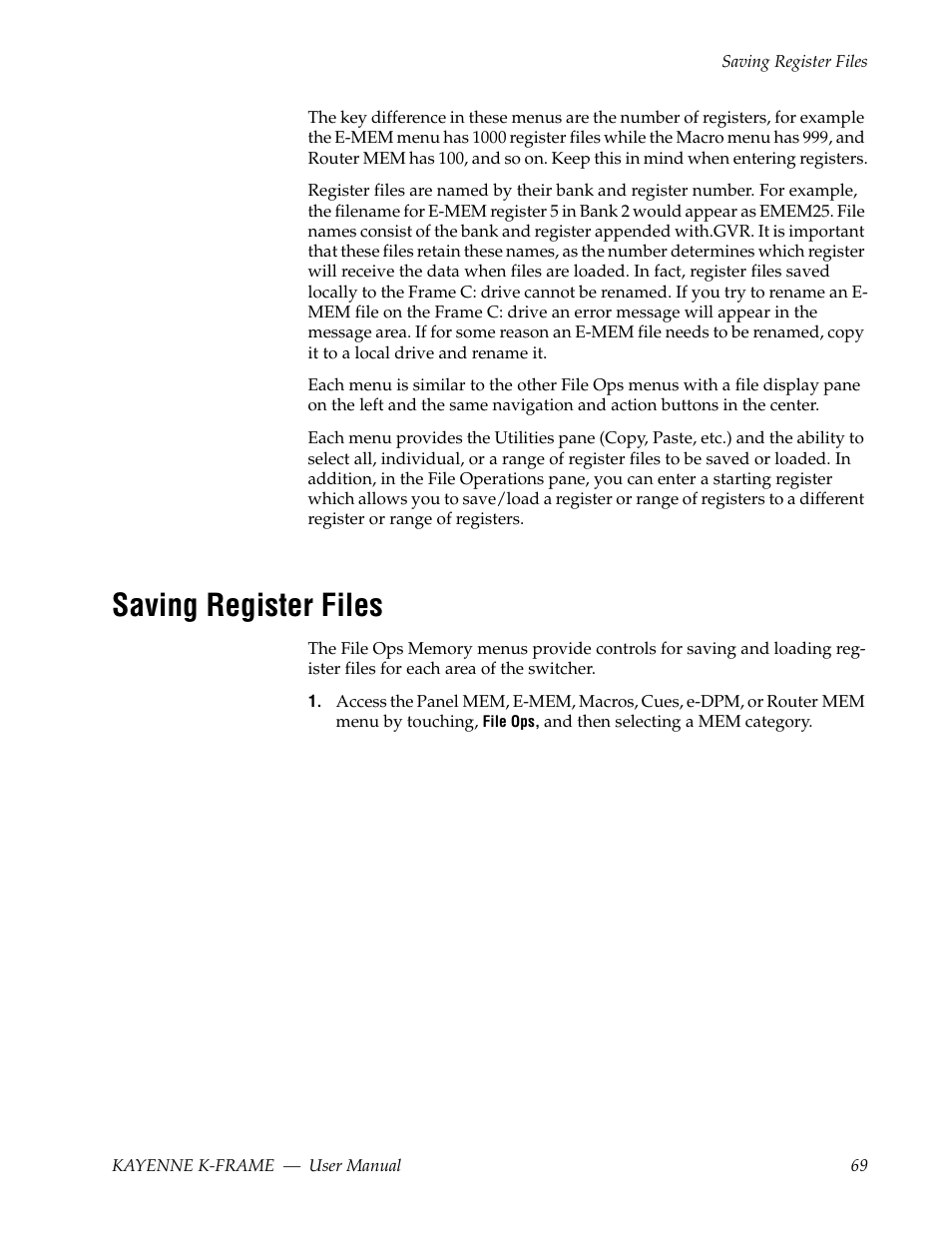 Saving register files | Grass Valley Kayenne K-Frame v.7.0 User Manual | Page 69 / 460