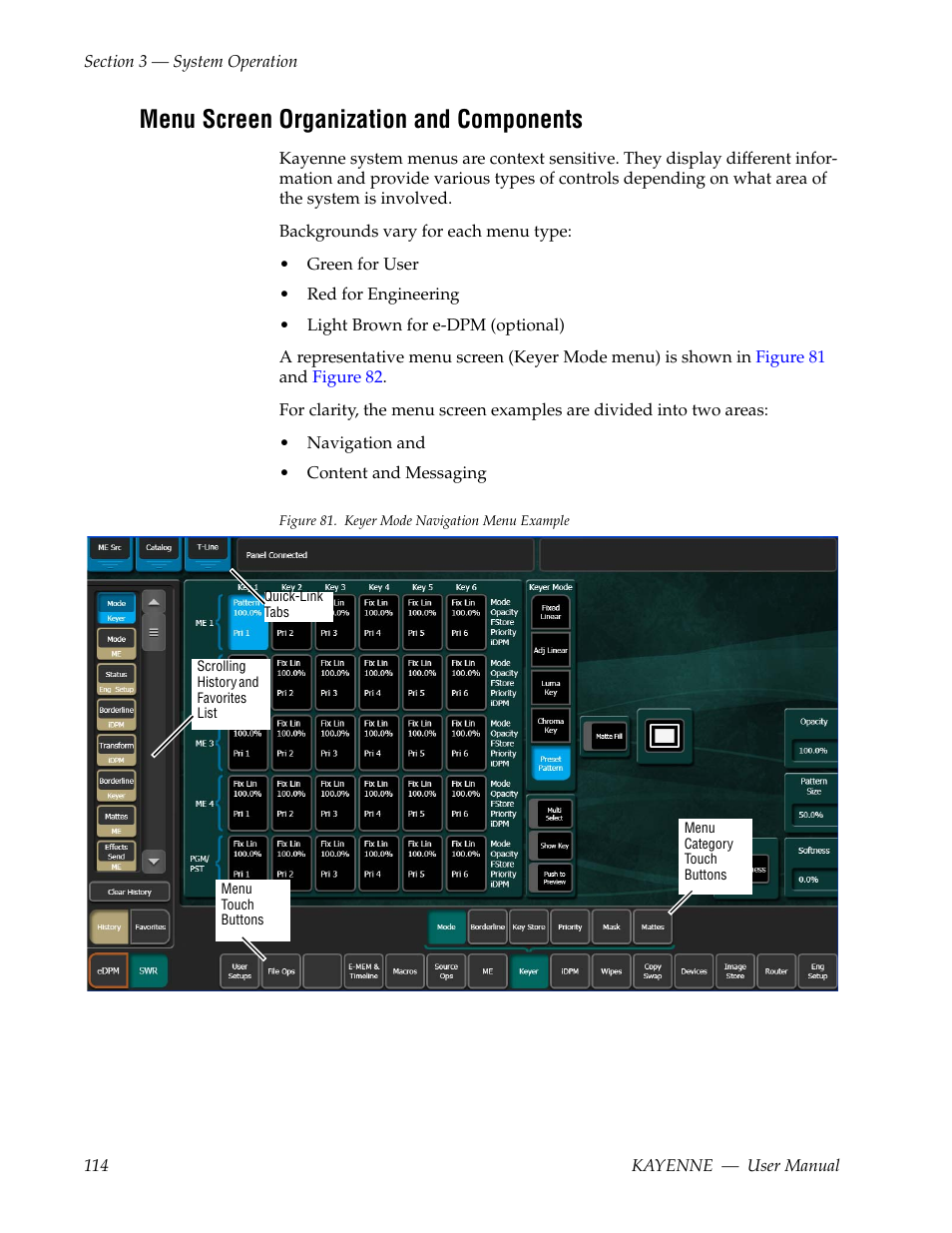Menu screen organization and components | Grass Valley Kayenne v.3.0 User Manual | Page 114 / 480