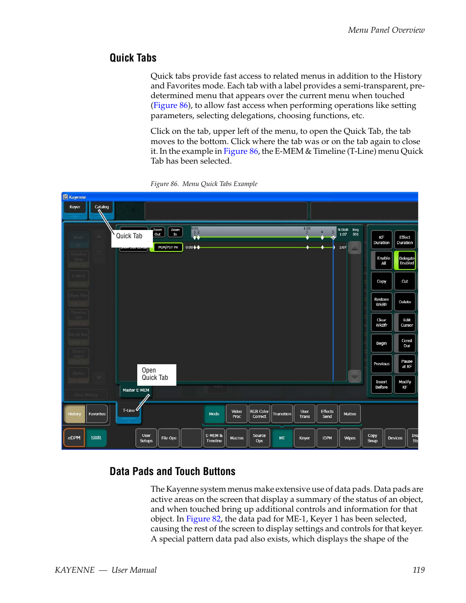Quick tabs, Data pads and touch buttons | Grass Valley Kayenne v.3.0 User Manual | Page 119 / 480