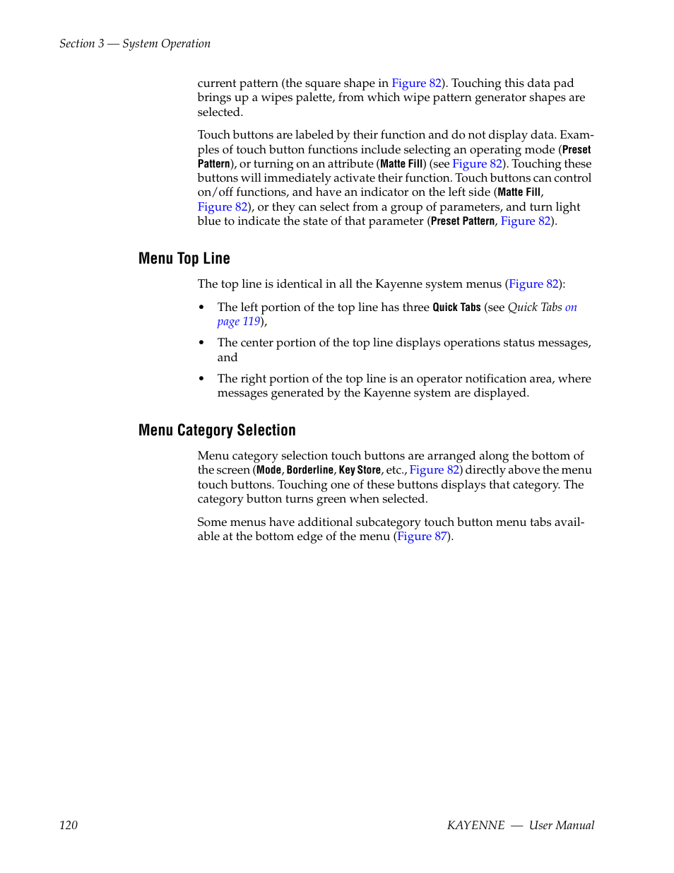 Menu top line, Menu category selection | Grass Valley Kayenne v.3.0 User Manual | Page 120 / 480