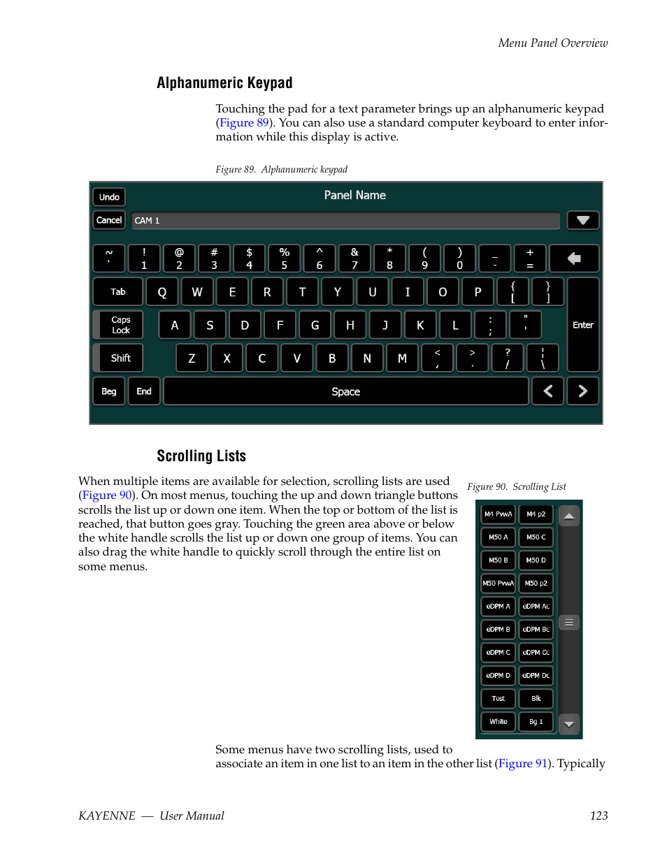 Alphanumeric keypad, Scrolling lists | Grass Valley Kayenne v.3.0 User Manual | Page 123 / 480