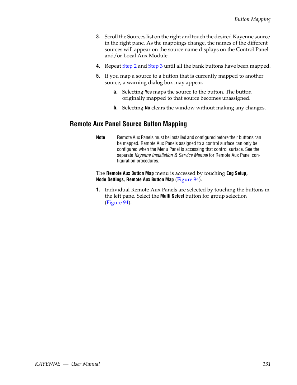 Remote aux panel source button mapping | Grass Valley Kayenne v.3.0 User Manual | Page 131 / 480