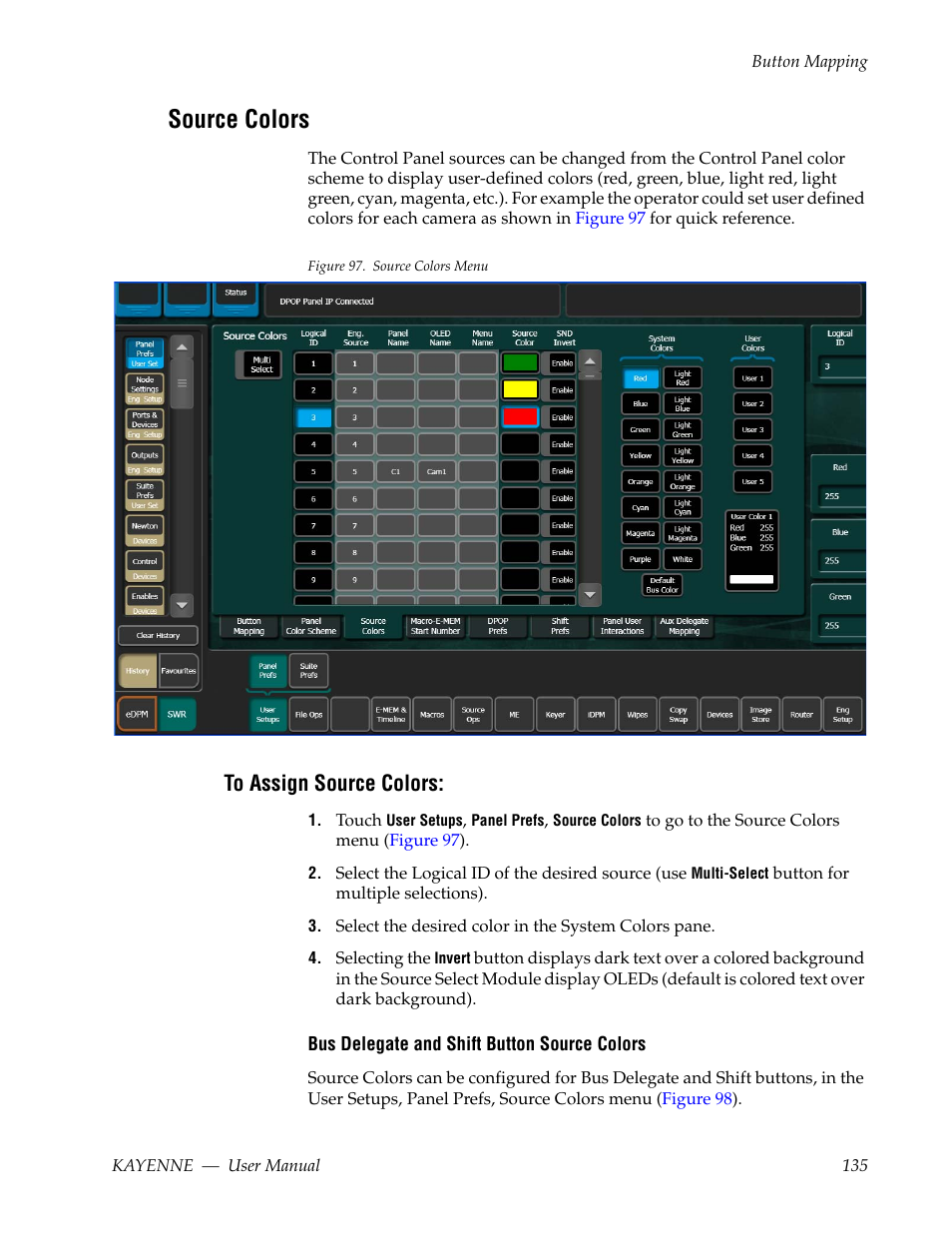 Source colors, To assign source colors | Grass Valley Kayenne v.3.0 User Manual | Page 135 / 480