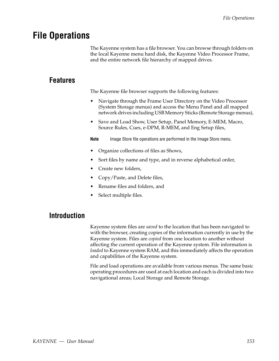 File operations, Features, Introduction | File opera- tions | Grass Valley Kayenne v.3.0 User Manual | Page 153 / 480