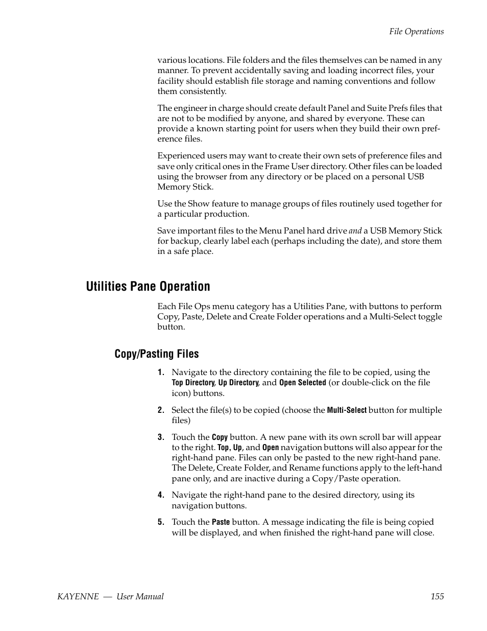 Utilities pane operation, Copy/pasting files | Grass Valley Kayenne v.3.0 User Manual | Page 155 / 480