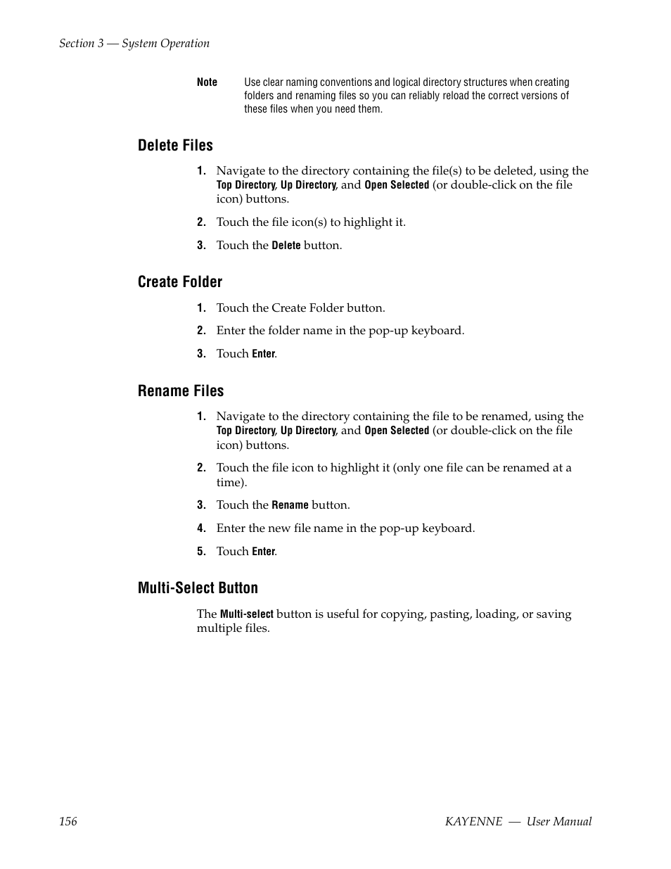 Delete files, Create folder, Rename files | Multi-select button | Grass Valley Kayenne v.3.0 User Manual | Page 156 / 480